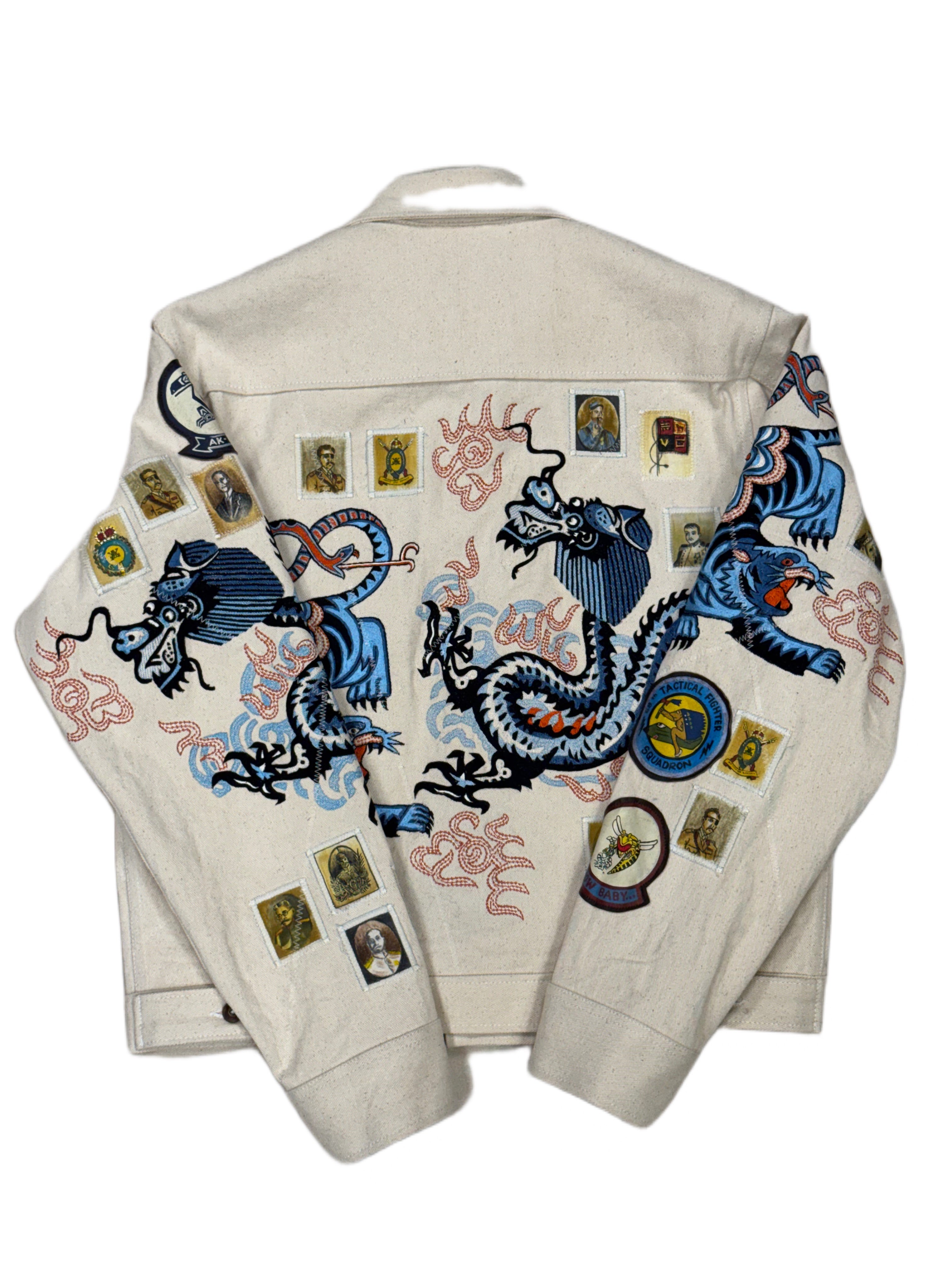 AK/PR/LOT3/JKT/047 Tribal Tiger & Dragon Denim Bomber Trucker Jacket - OFF-WHITE