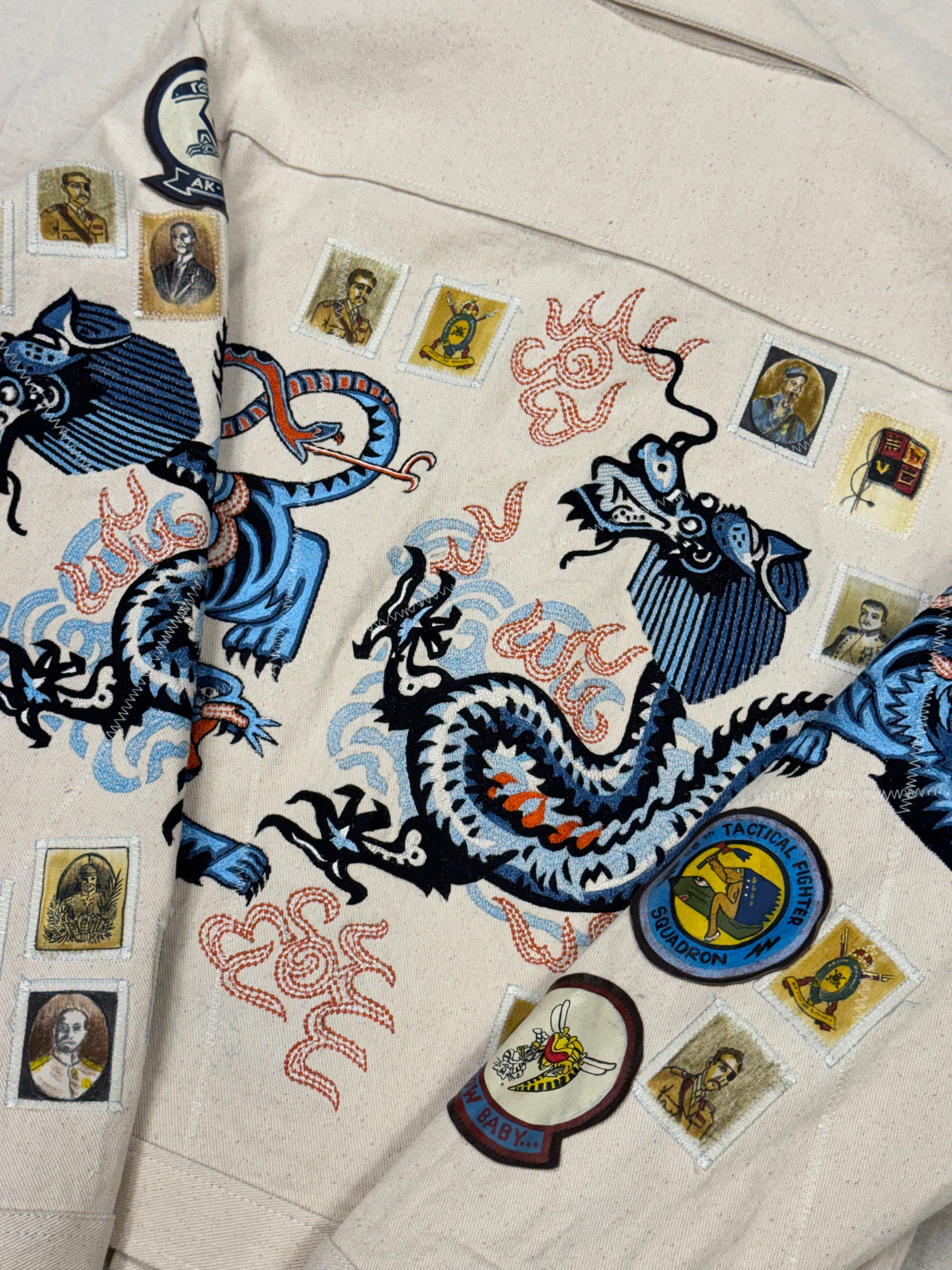 AK/PR/LOT3/JKT/047 Tribal Tiger & Dragon Denim Bomber Trucker Jacket - OFF-WHITE