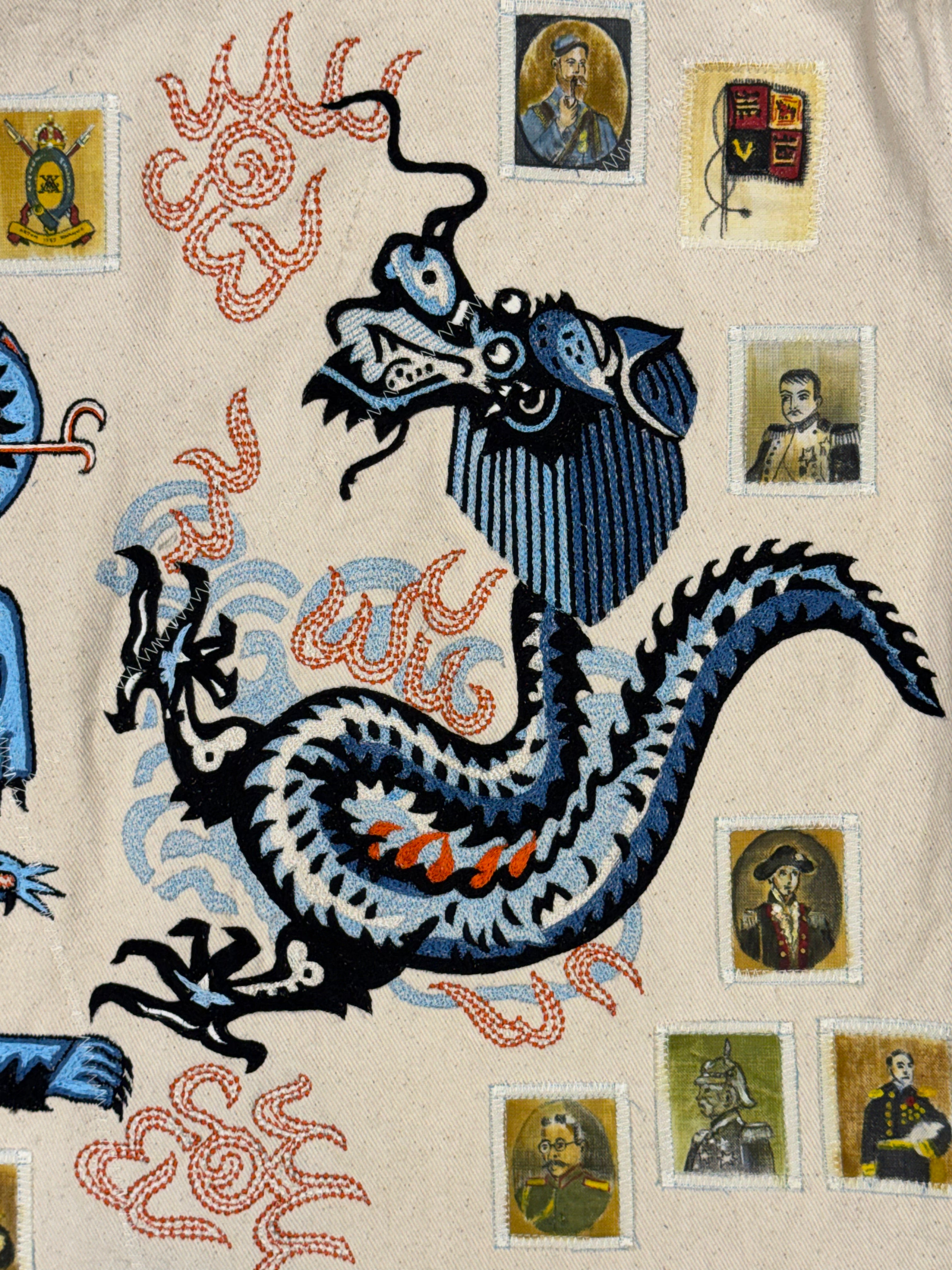 AK/PR/LOT3/JKT/047 Tribal Tiger & Dragon Denim Bomber Trucker Jacket - OFF-WHITE