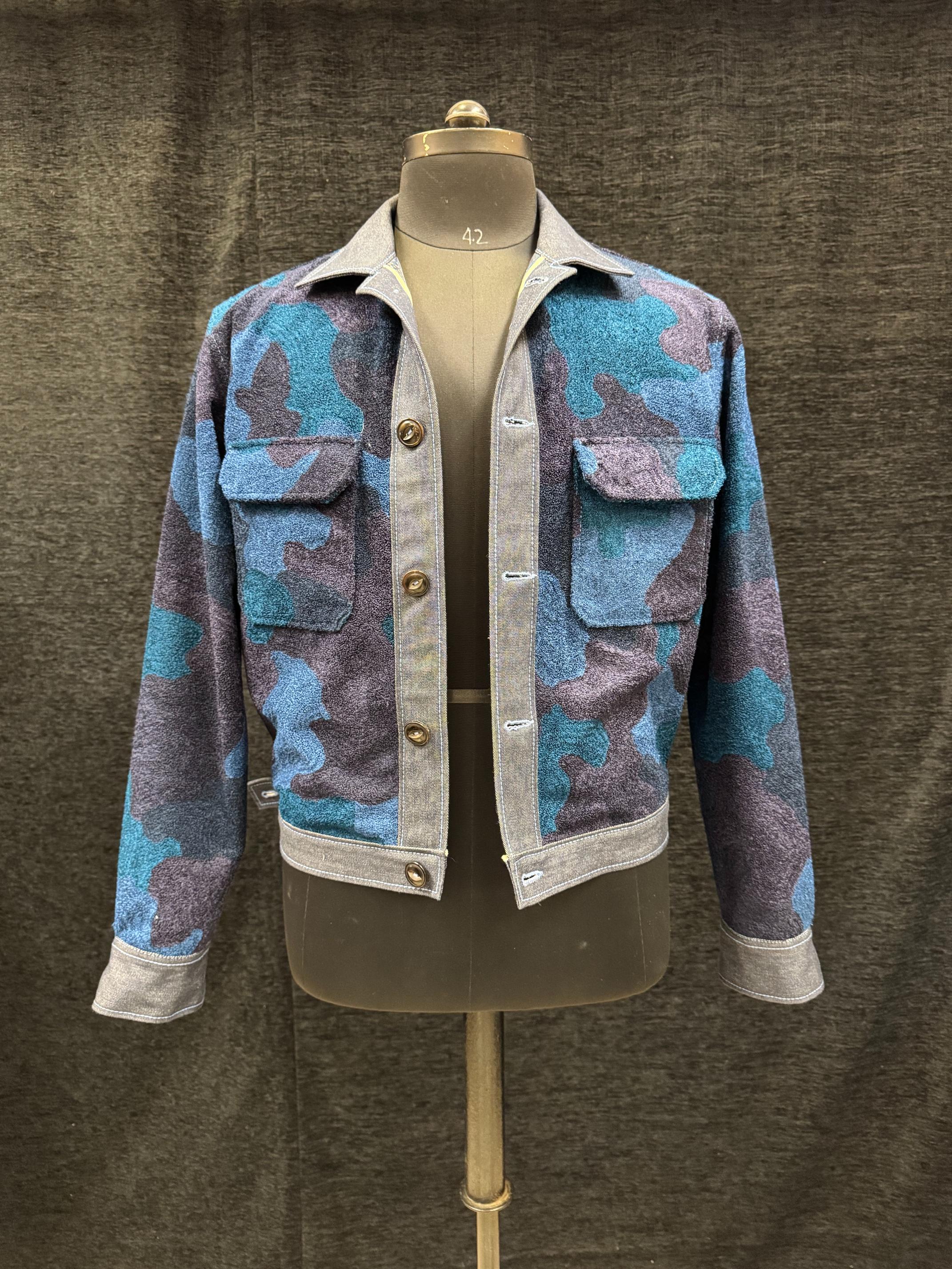 AK/PR/LOT4/JKT/061 Blue Hand Chainstitch Embroidered Camo Denim Jacket - BLUE