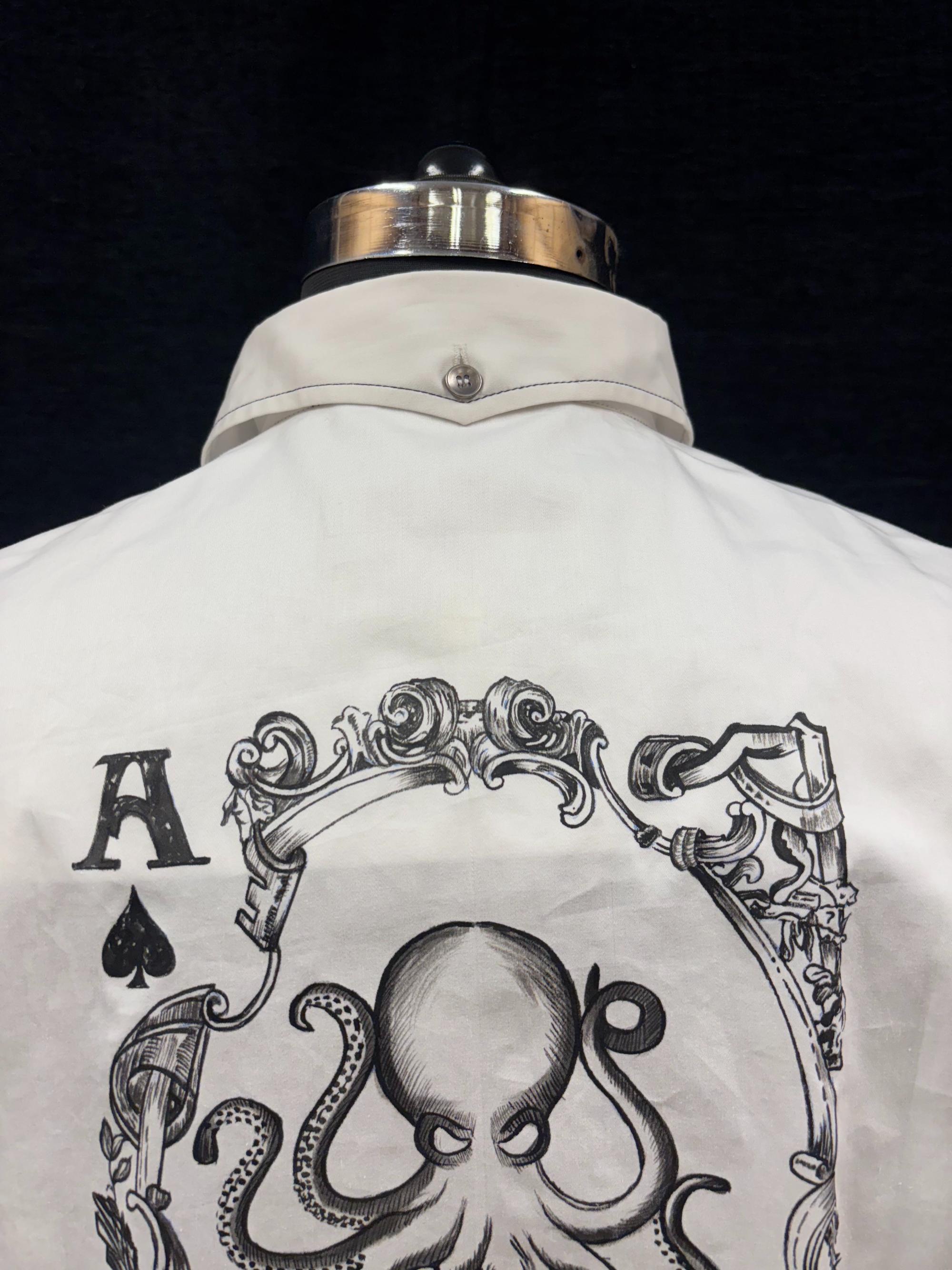 AK/PR/LOT2/SHRT064 Handpainted A Octopus Card on Back and black contrast stiching - WHITE