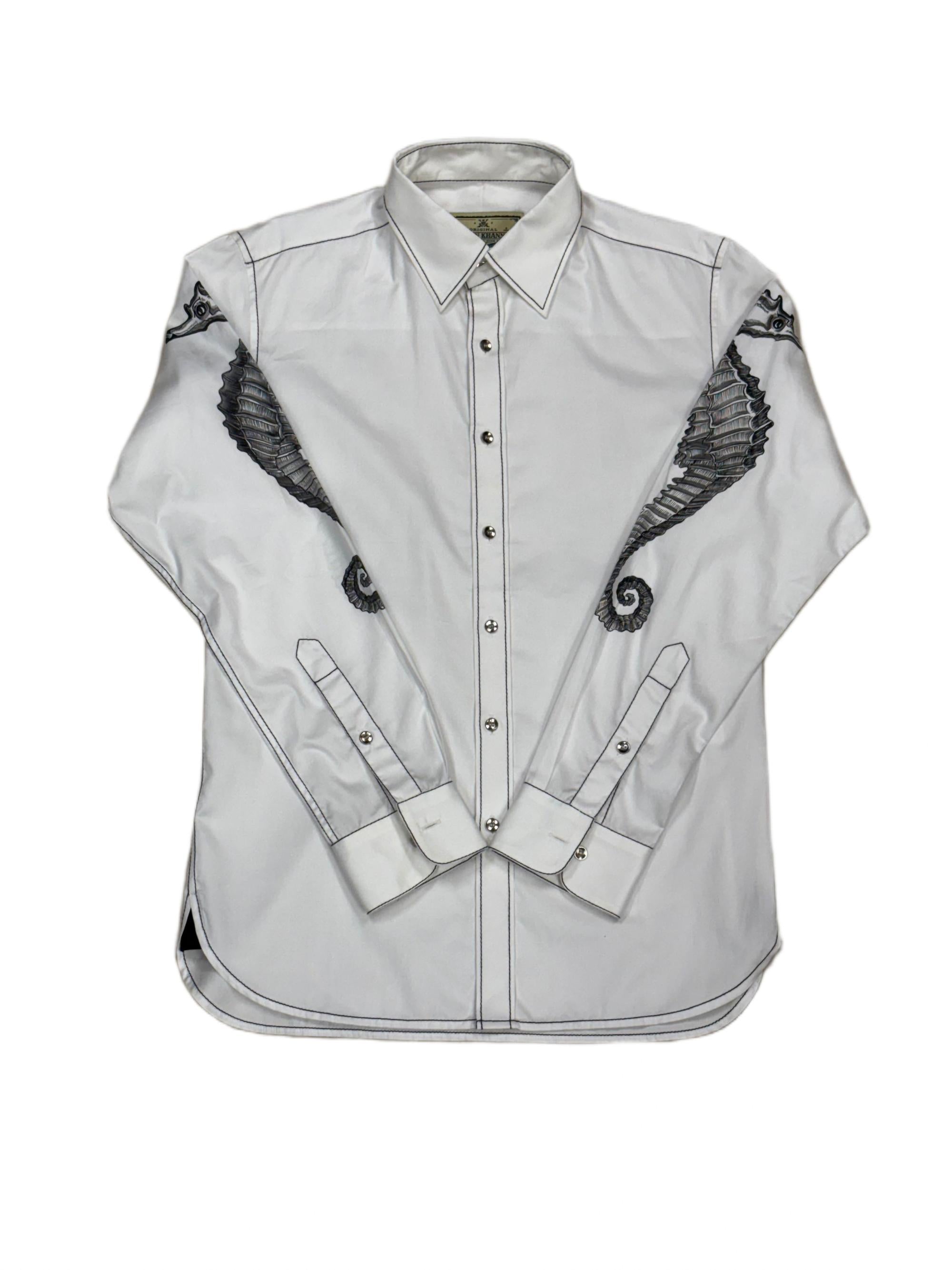 AK/PR/LOT2/SHRT063 Handpainted Seahorse on sleeves and black contrast stiching - WHITE