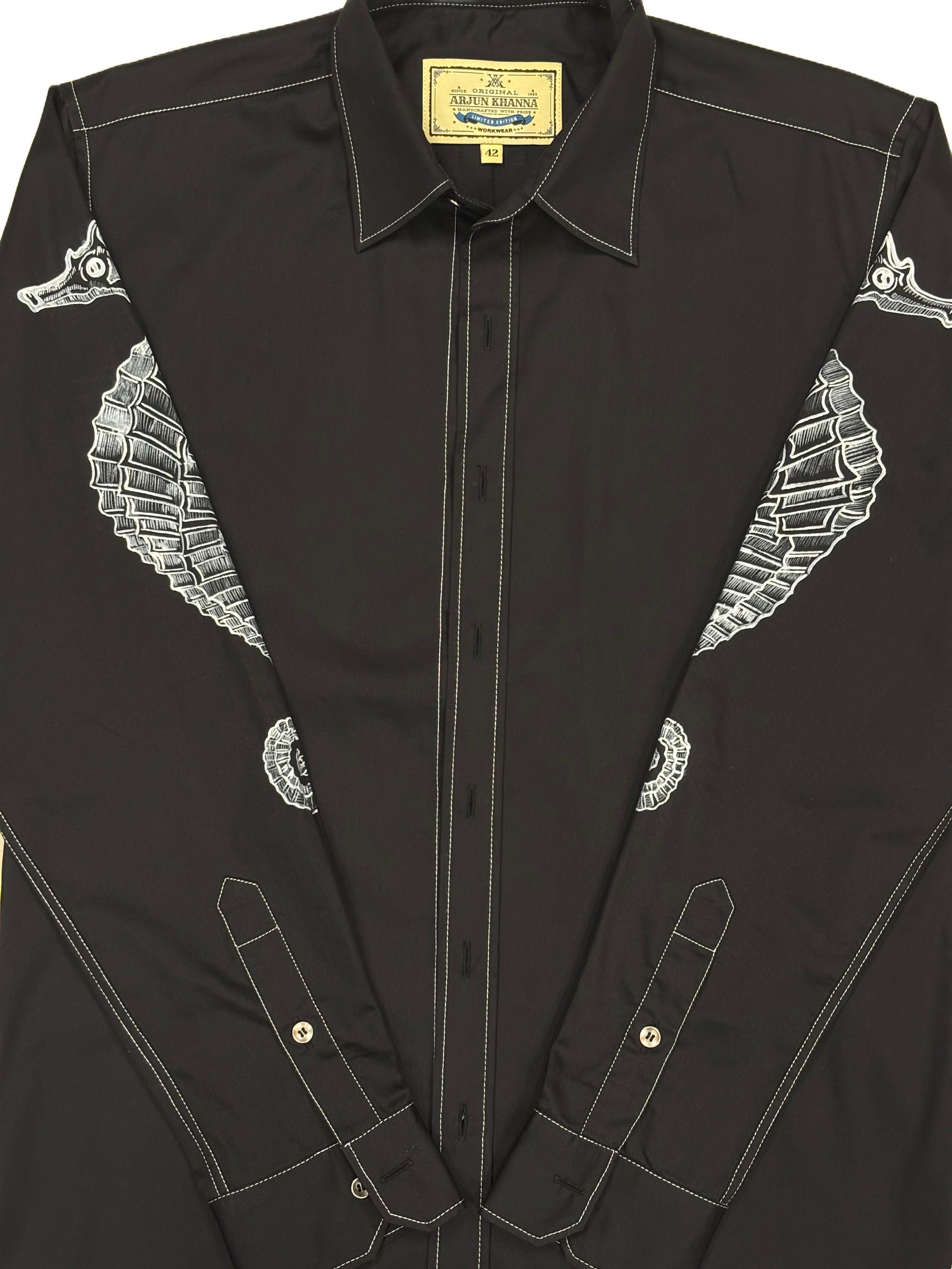 AK/PR/LOT2/SHRT066 Handpainted Seahorse on sleeves and white contrast stiching - BLACK