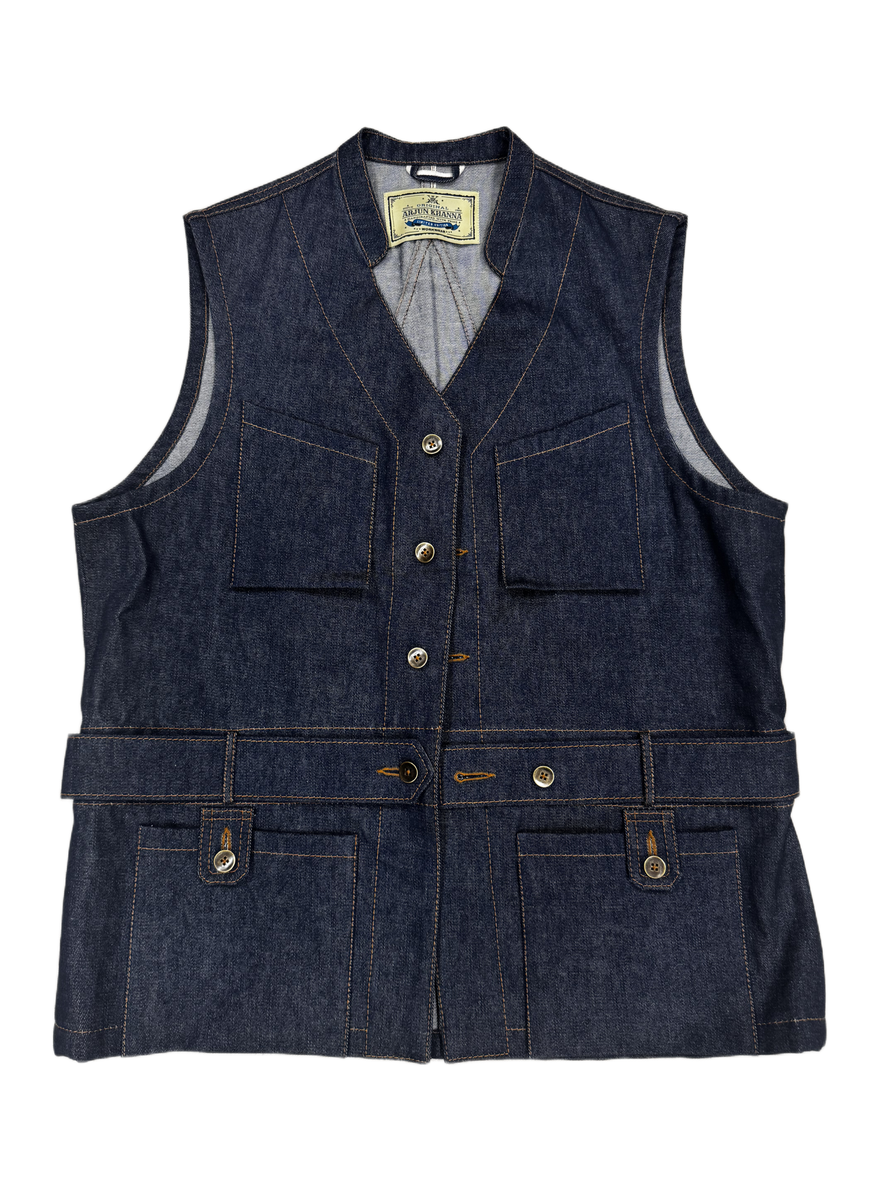 AK/PR/LOT2/VEST/015 4 patch-pocket denim workwear belt-up vest with pleated back - INDIGO
