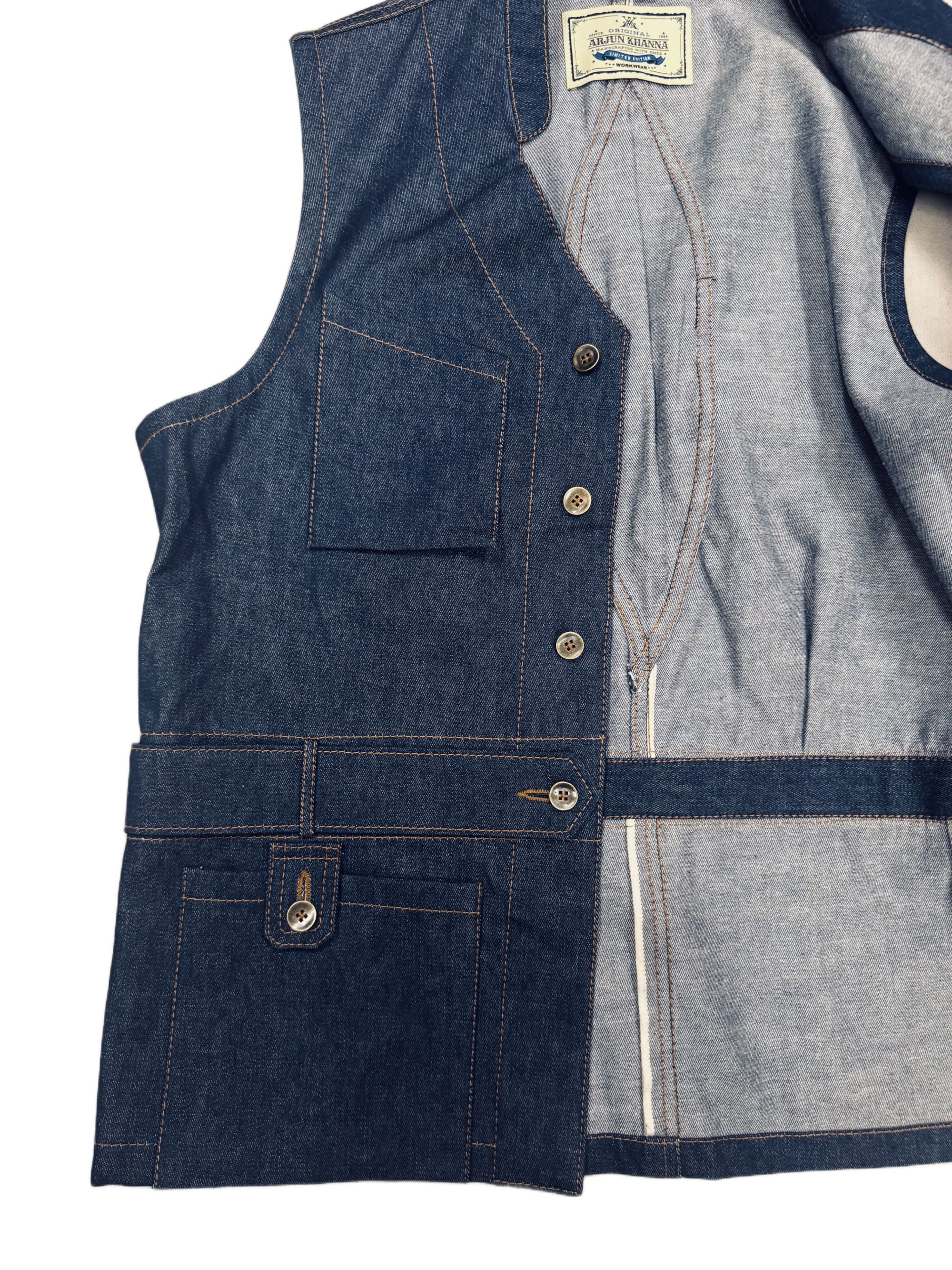 AK/PR/LOT2/VEST/015 4 patch-pocket denim workwear belt-up vest with pleated back - INDIGO