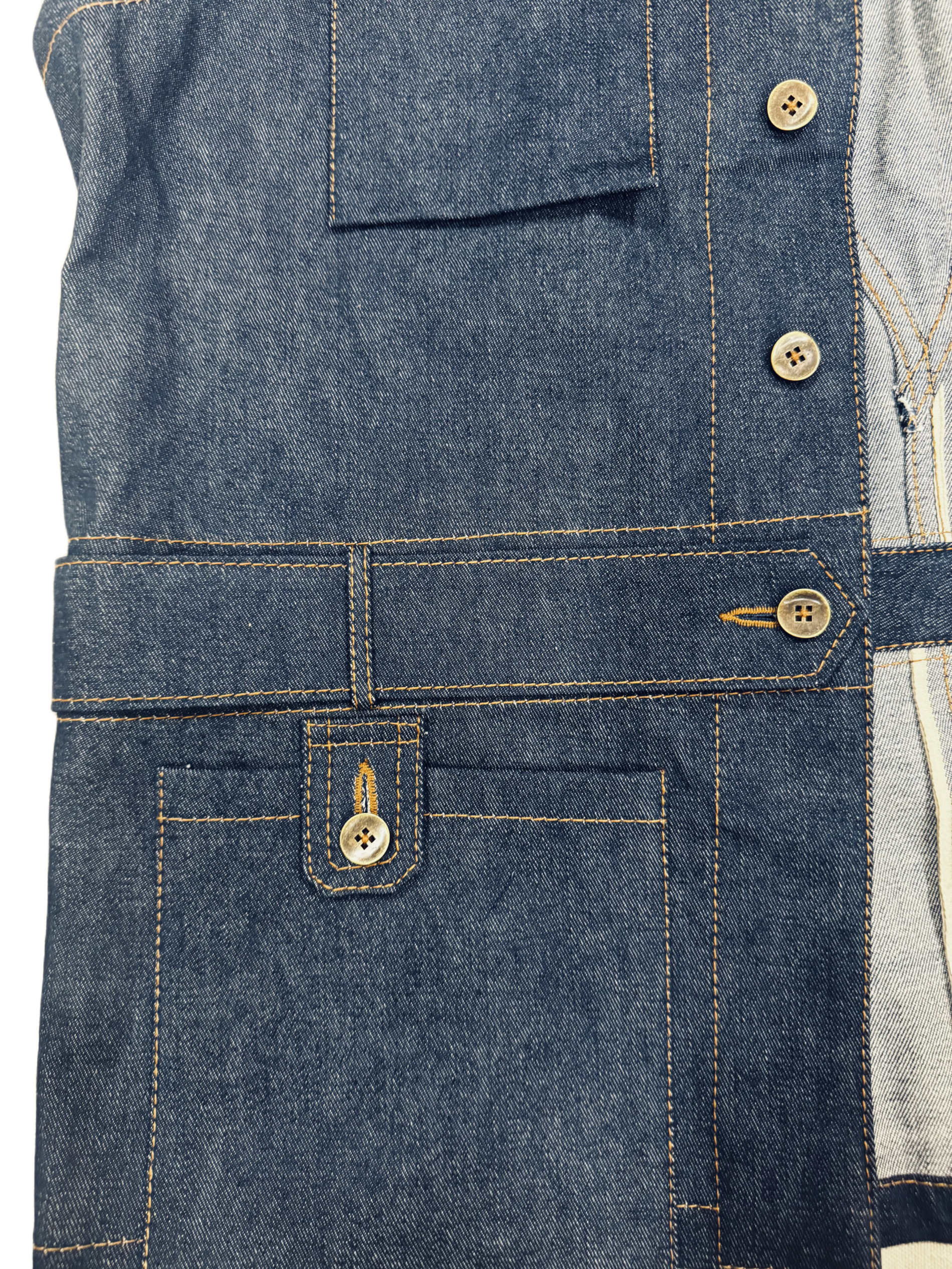 AK/PR/LOT2/VEST/015 4 patch-pocket denim workwear belt-up vest with pleated back - INDIGO