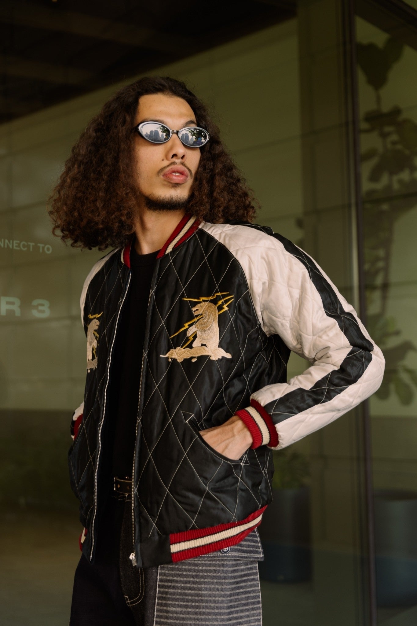 TT15544-128 LATE 1950S STYLE VELVETEEN SOUVENIR JACKET MOUNTAIN GOAT × ALASKAN FLAG - NAVY/BLACK