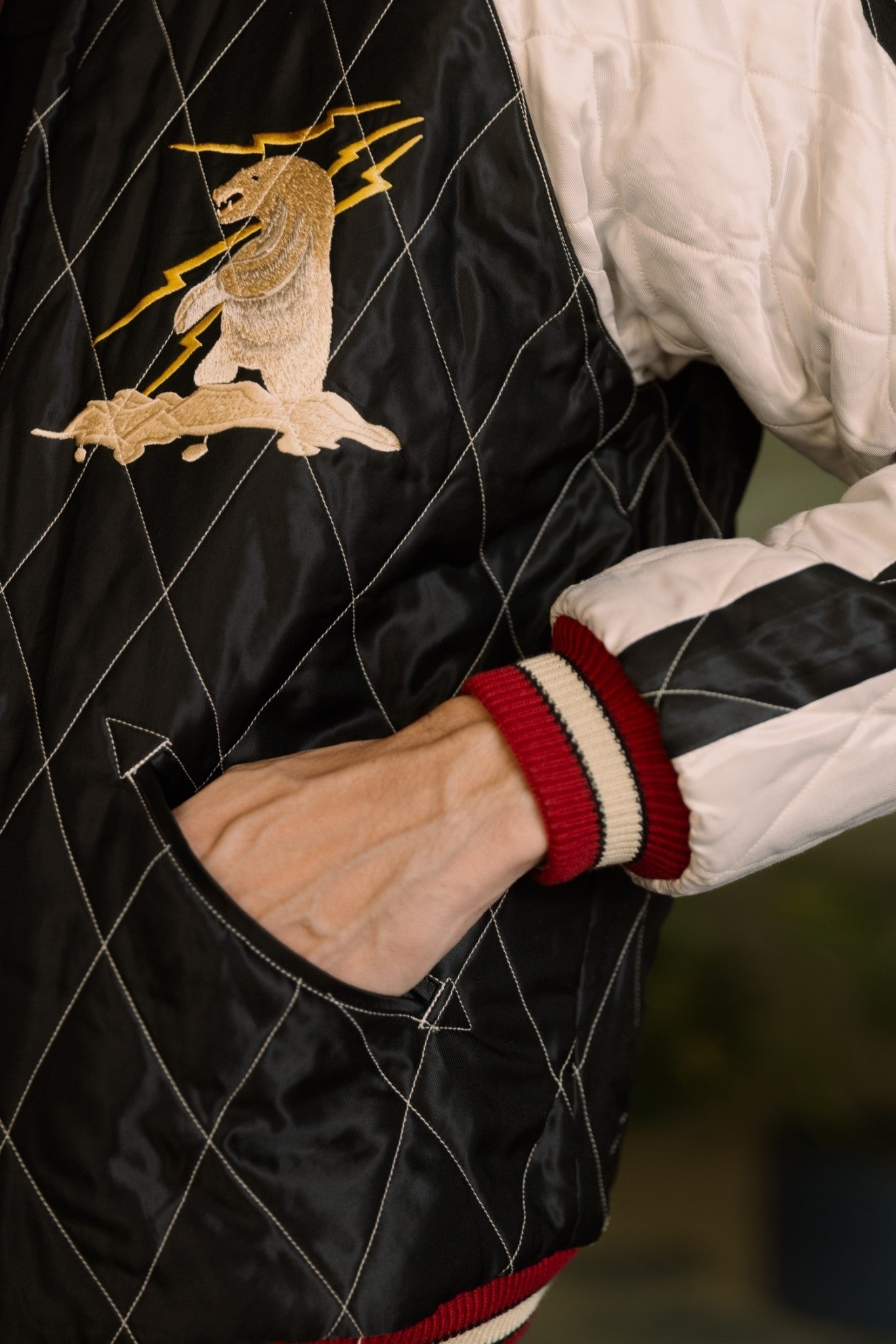 TT15544-128 LATE 1950S STYLE VELVETEEN SOUVENIR JACKET MOUNTAIN GOAT × ALASKAN FLAG - NAVY/BLACK