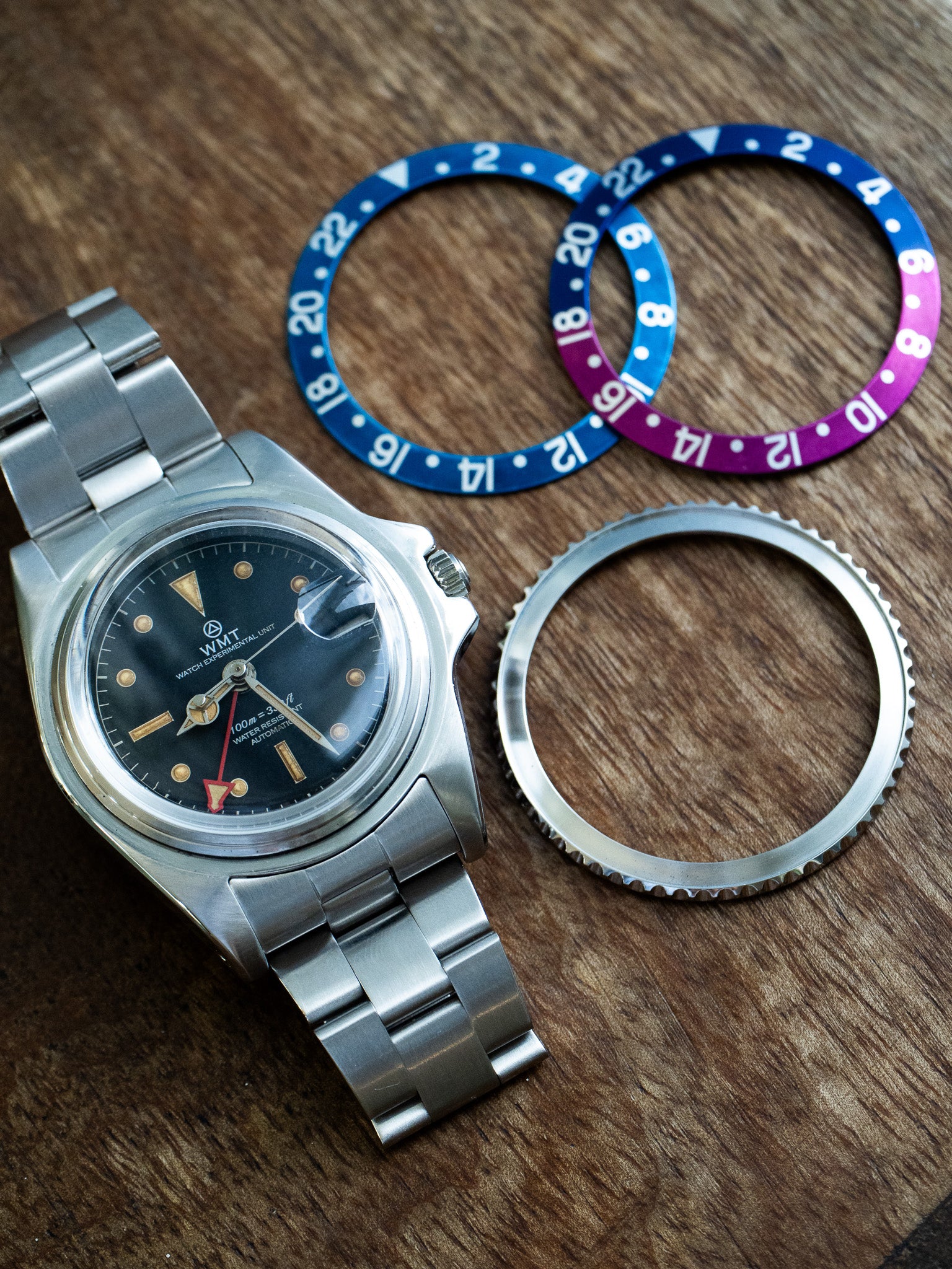 Sanford MKII - Interchangeable Bezel / Fuchsia & BlueBerry Bezel / Aged Edition / Metal Bracelet + Leather Strap Set