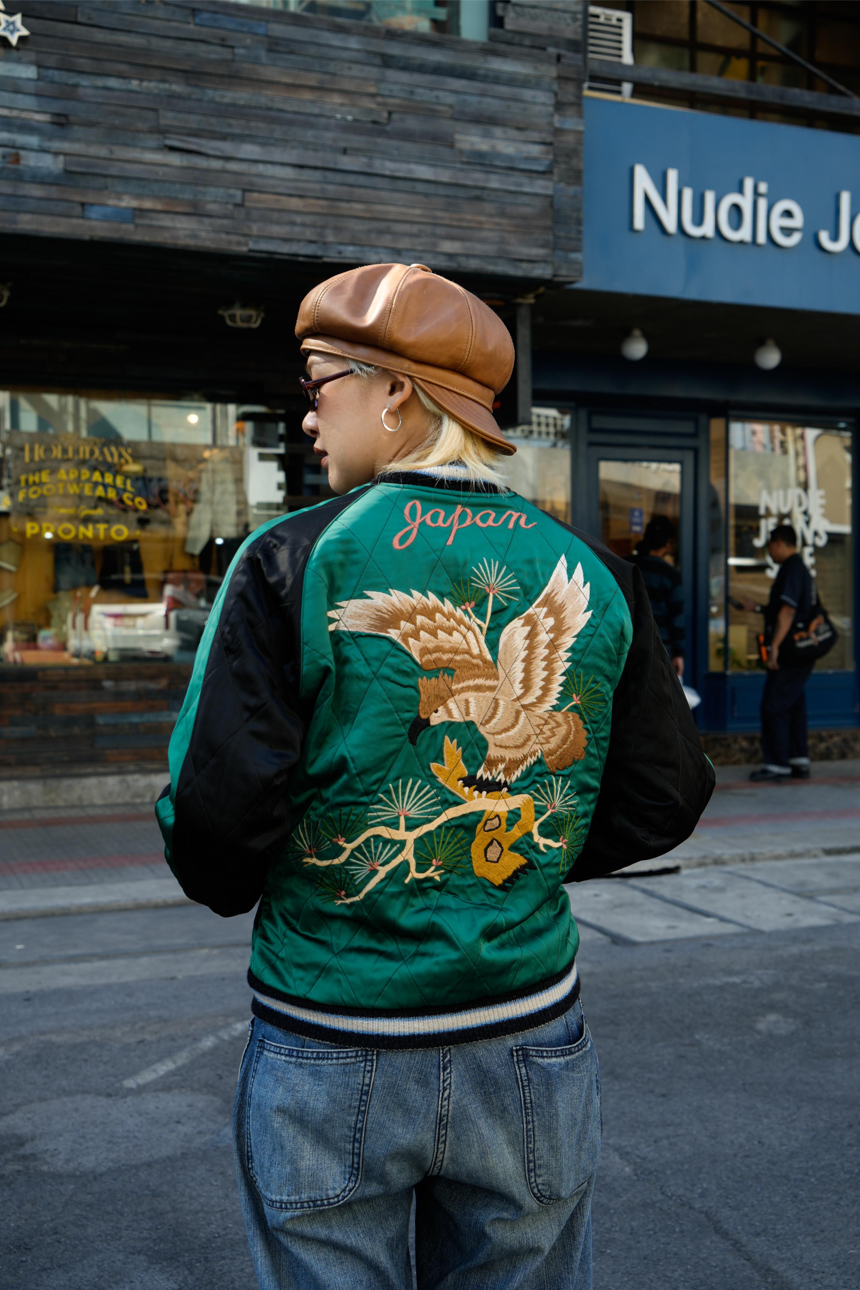 TT15809-119 Mid 1950s Style Velveteen × Acetate Quilted Souvenir Jacket “Stencil Paint” TOYO ENTERPRISE 60th Anniversary Special Edition “TIGER HEAD” × “EAGLE” - BLACK/GREEN