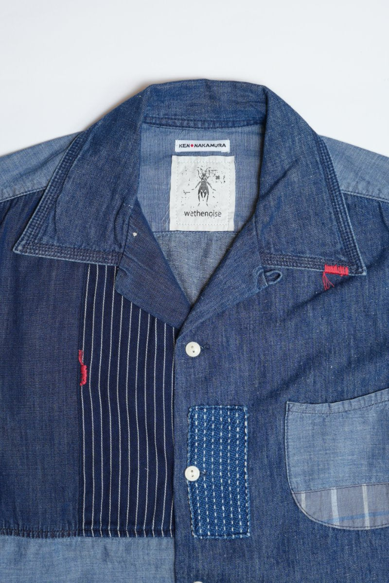 INDIGO MIX FABRIC PATCHWORK S/S OPEN SHIRT - INDIGO