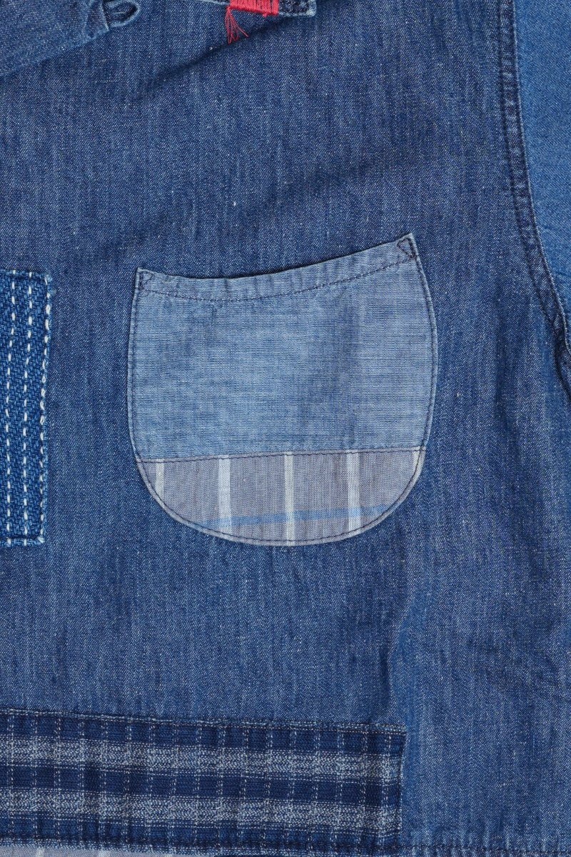 INDIGO MIX FABRIC PATCHWORK S/S OPEN SHIRT - INDIGO