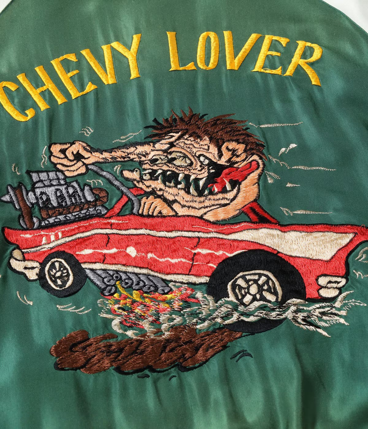 TT15878-119 Mid 1950s Style Acetate Souvenir Jacket “TIGER HEAD” X“CHEVY LOVER” (AGING MODEL) - BLACK/GREEN