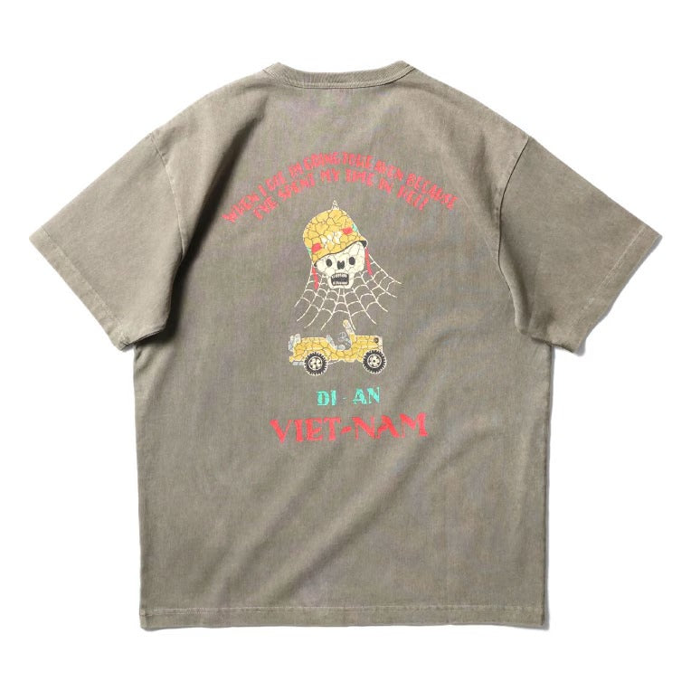 22396 PIGMENT US COTTON PRINT TEE (SKULL) - OLIVE DRAB