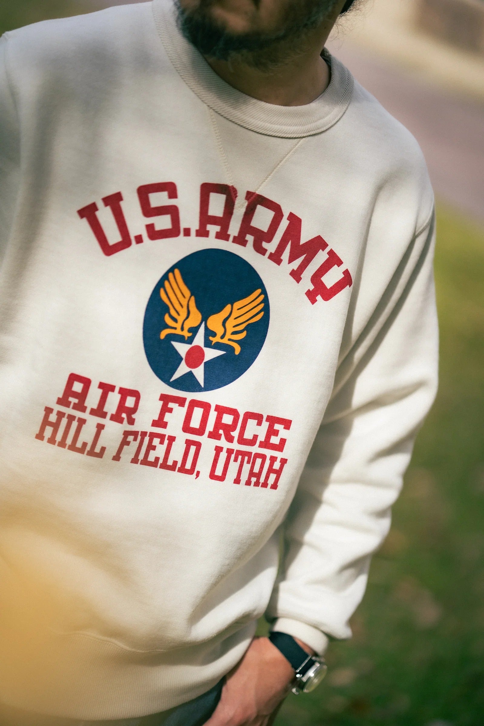 MC25123 MILITARY PRINT SWEATSHIRT / U.S. ARMY AIR FORCE, HILL FIELD - MILK