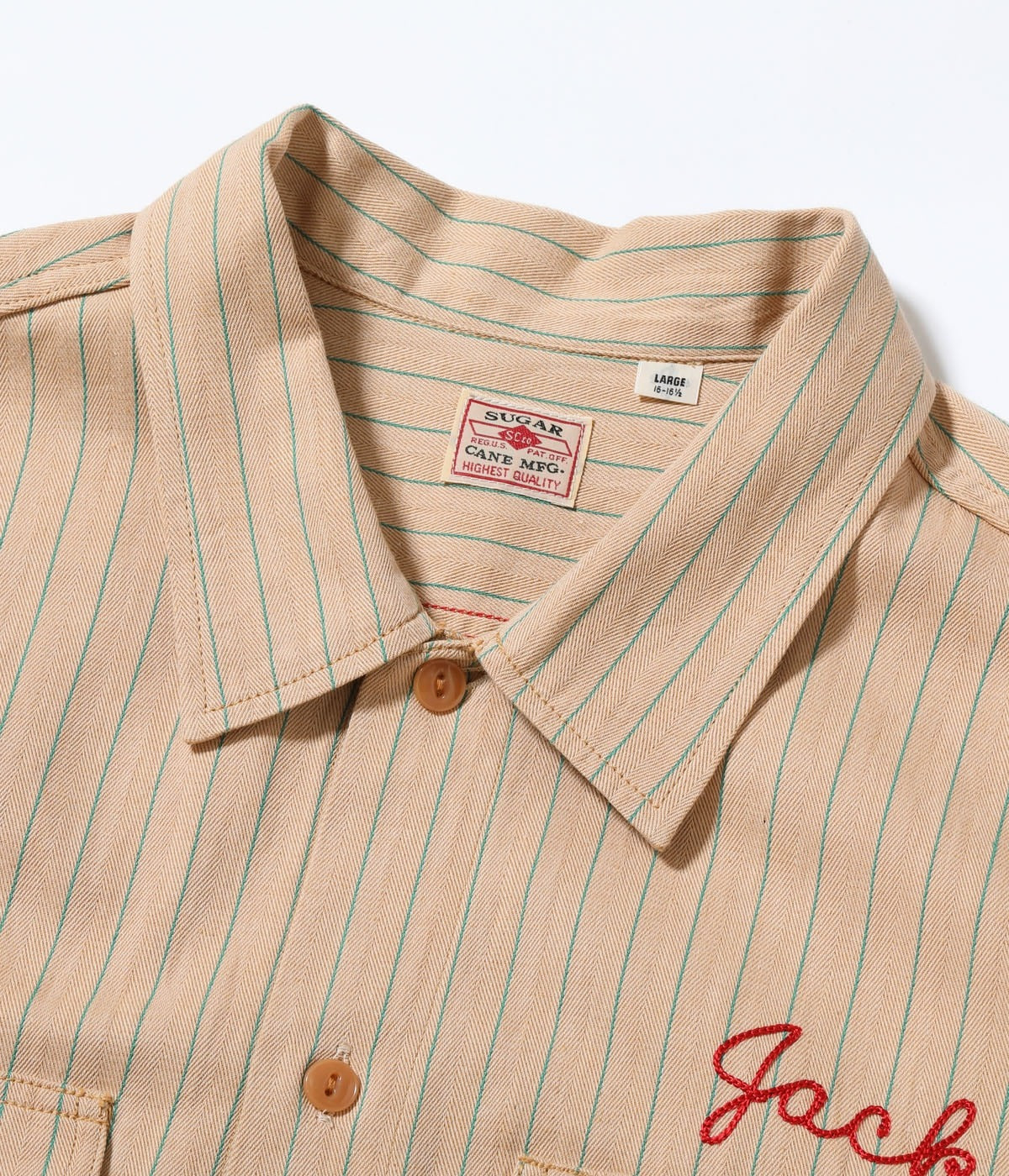 SC39528 COKE STRIPE WORK SHIRT WITH CHAIN EMBROIDERED - BEIGE