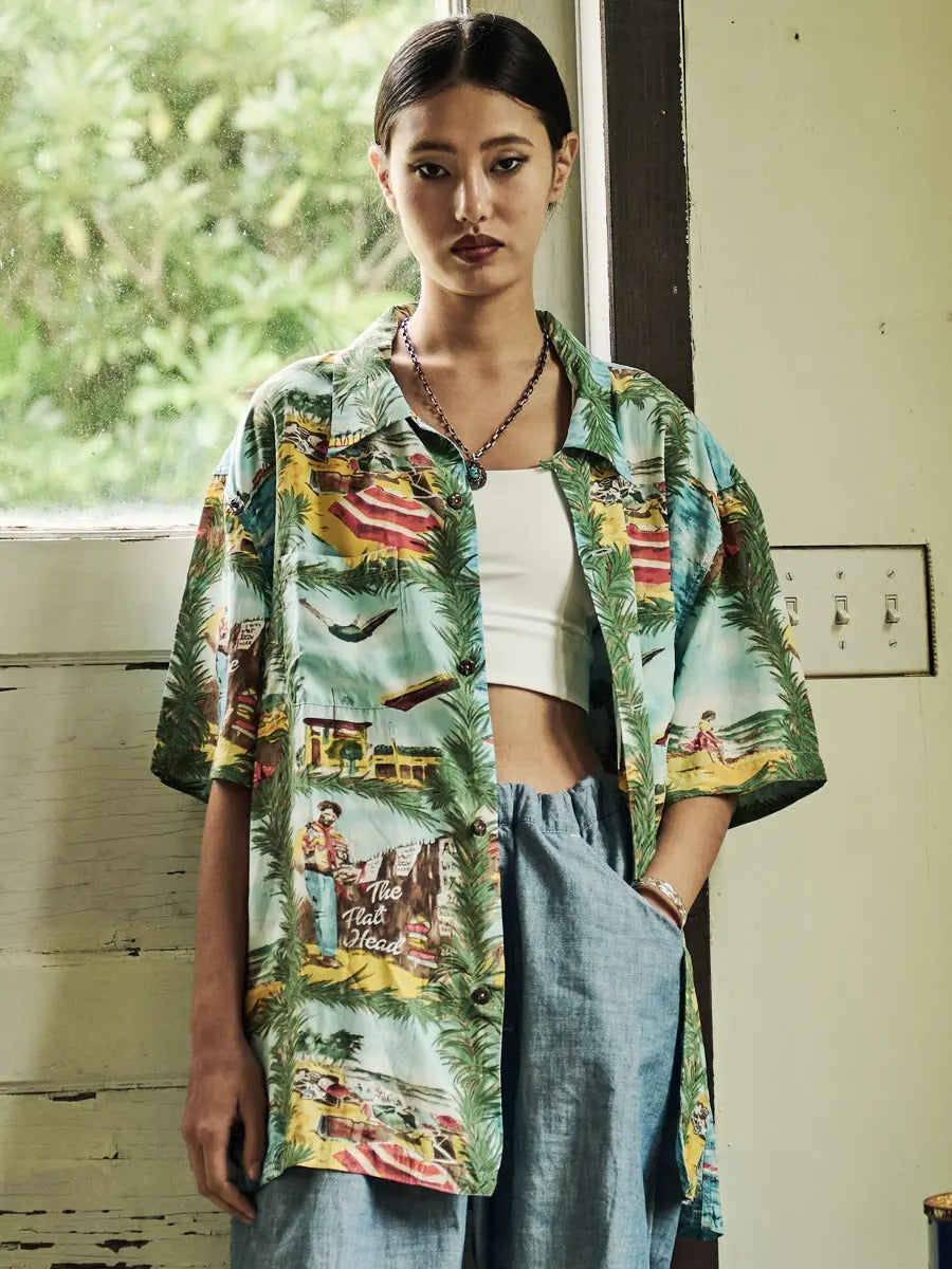 FN-SHO-009S HAWAIIAN SHIRT - PICTURE S/S - BLUE