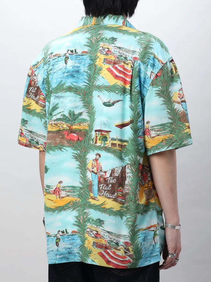 FN-SHO-009S HAWAIIAN SHIRT - PICTURE S/S - BLUE