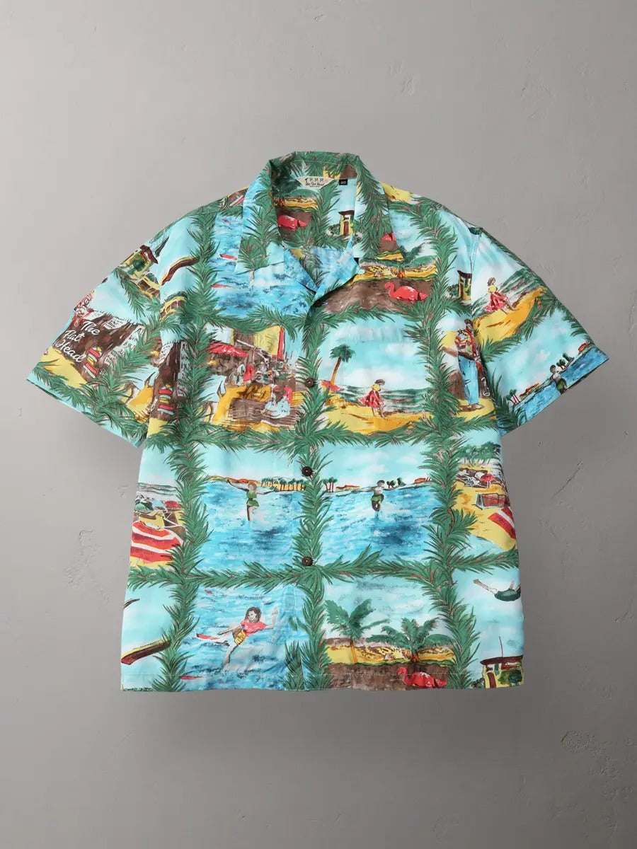 FN-SHO-009S HAWAIIAN SHIRT - PICTURE S/S - BLUE