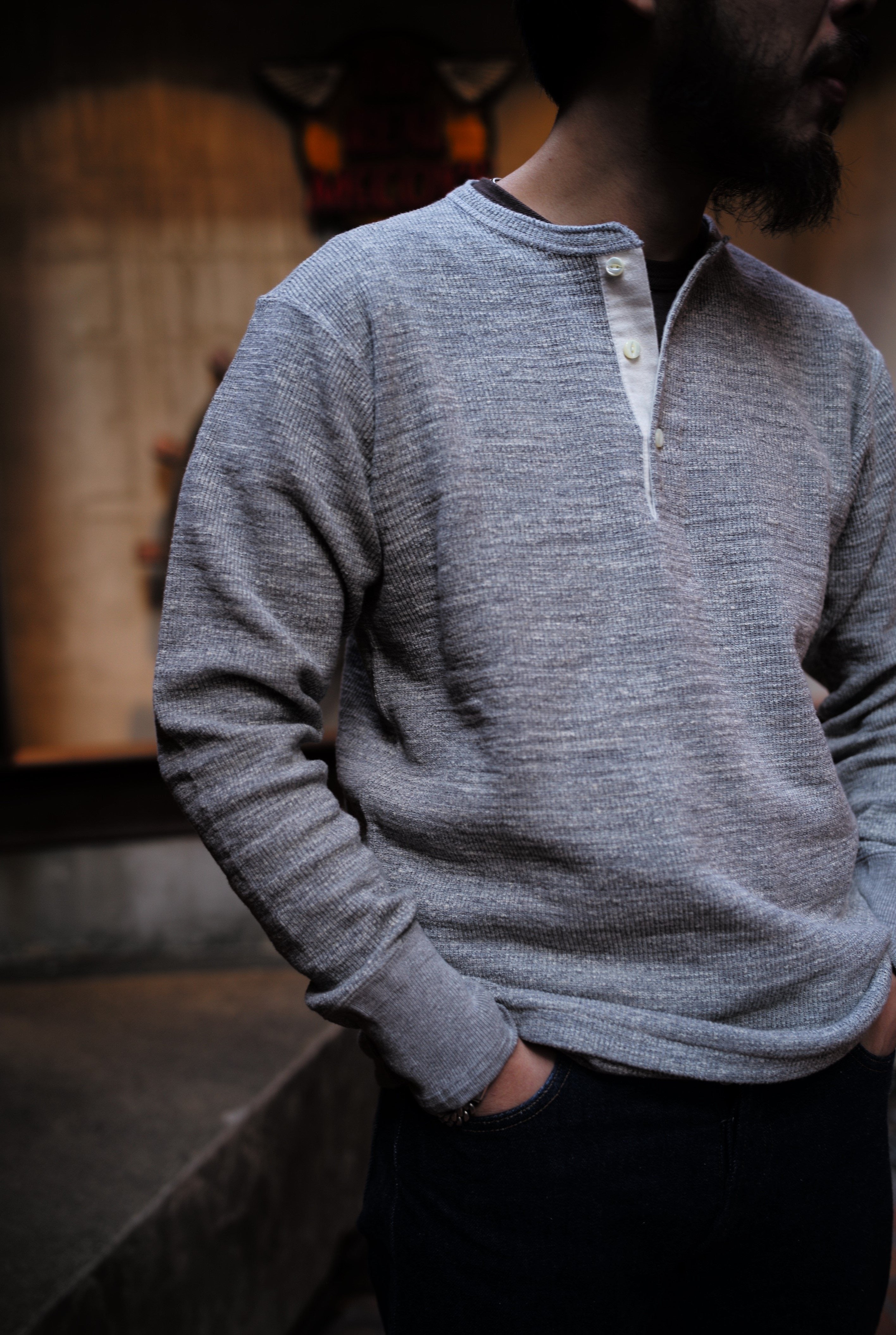 MC22120 WESTERN CARDIGAN STICH HENLEY SHIRT - GREY