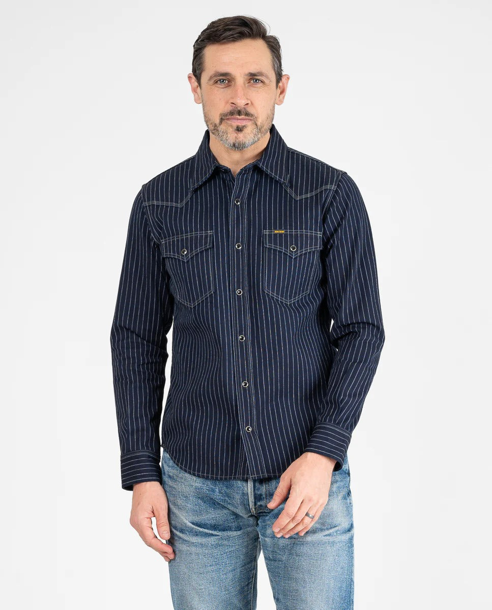 IHSH-424-IND 8.5OZ HERRINGBONE STRIPE WESTERN SHIRT - INDIGO