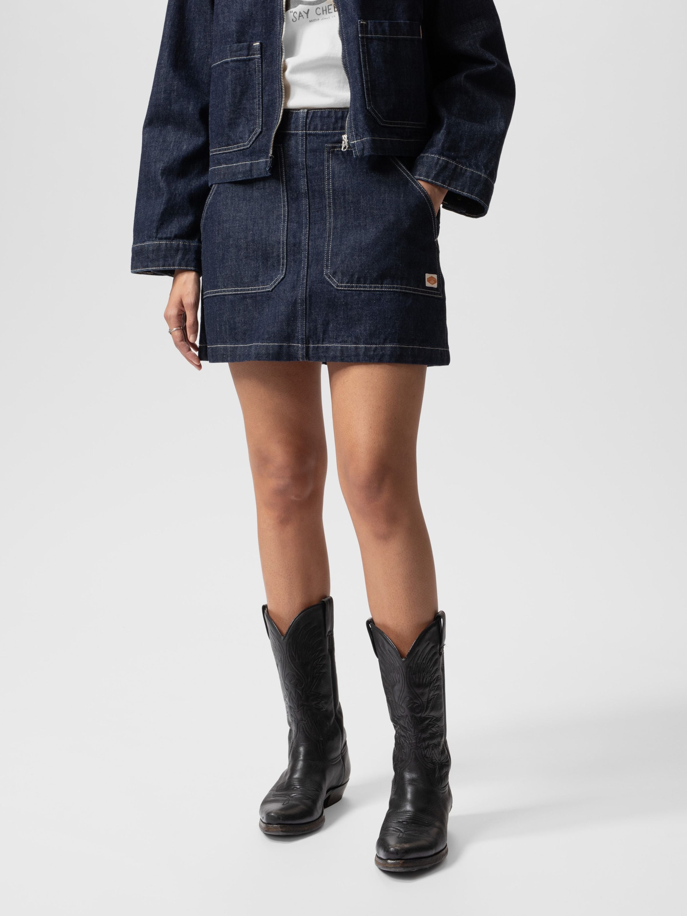 Elvy Workwear Denim Skirt - Dark Blue