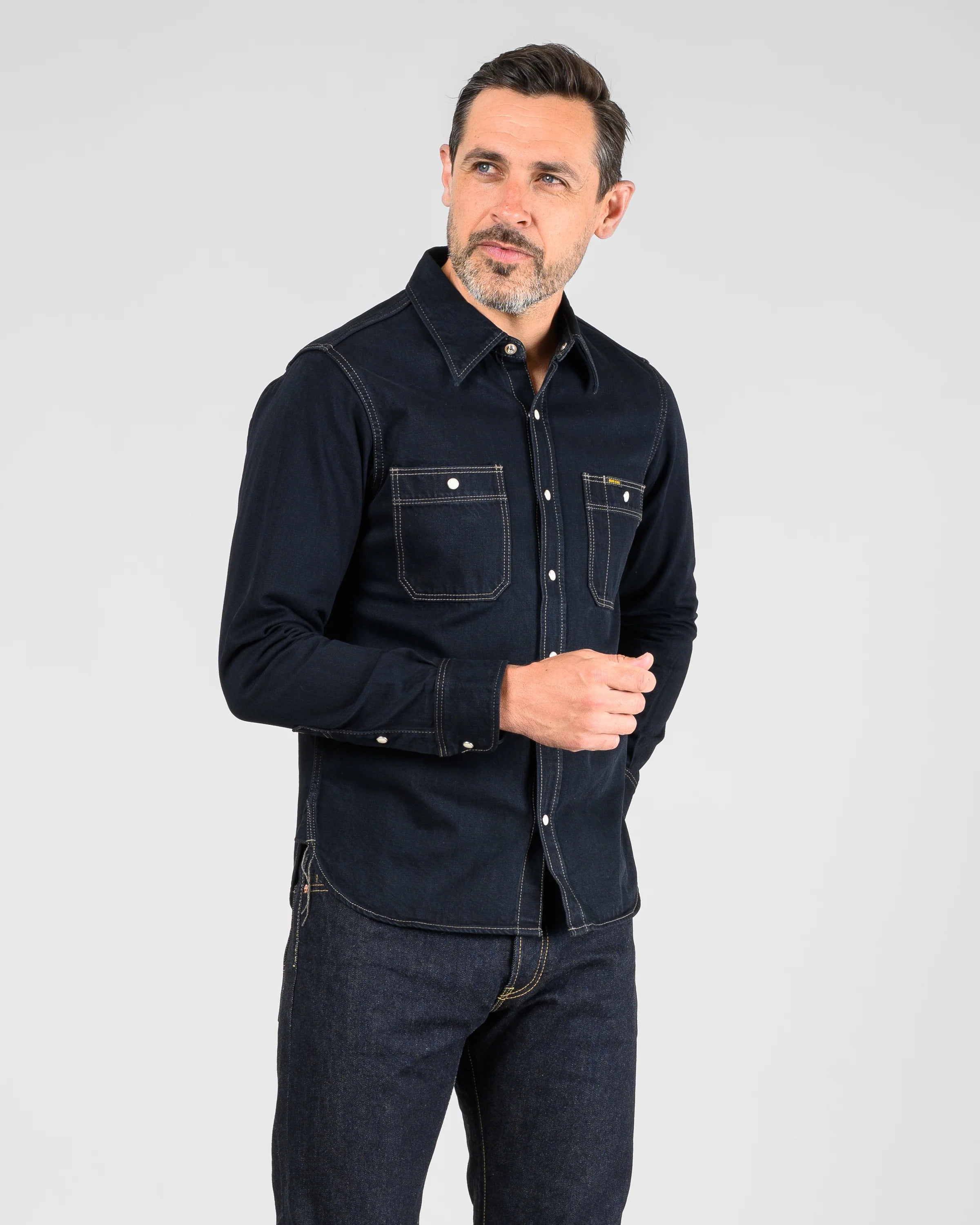 IHSH-326-OD 12OZ SELVEDGE DENIM WORK SHIRT WITH SNAPS - INDIGO OVERDYED BLACK