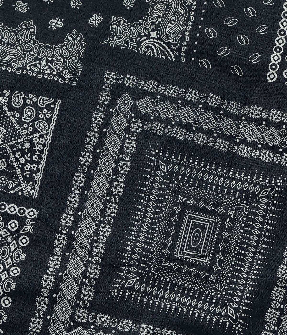 SC39465 NATIVE AMERICAN BANDANA PATCHWORK PRINT OPEN SHIRT - BLACK