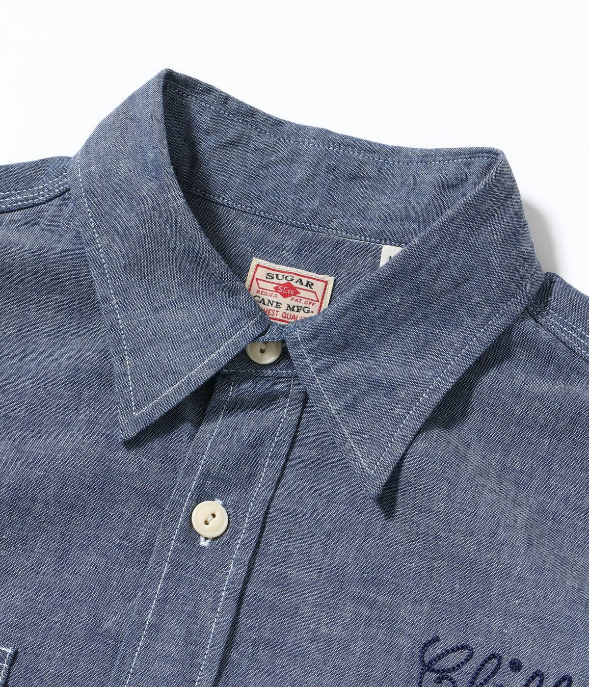 SC39527 CHAMBRAY WORK SHIRT WITH CHAIN ??EMBROIDERED - BLUE