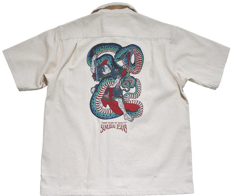 SSA25-02 "MUSHA-E" PRINTED DENIM SHIRT - ECRU