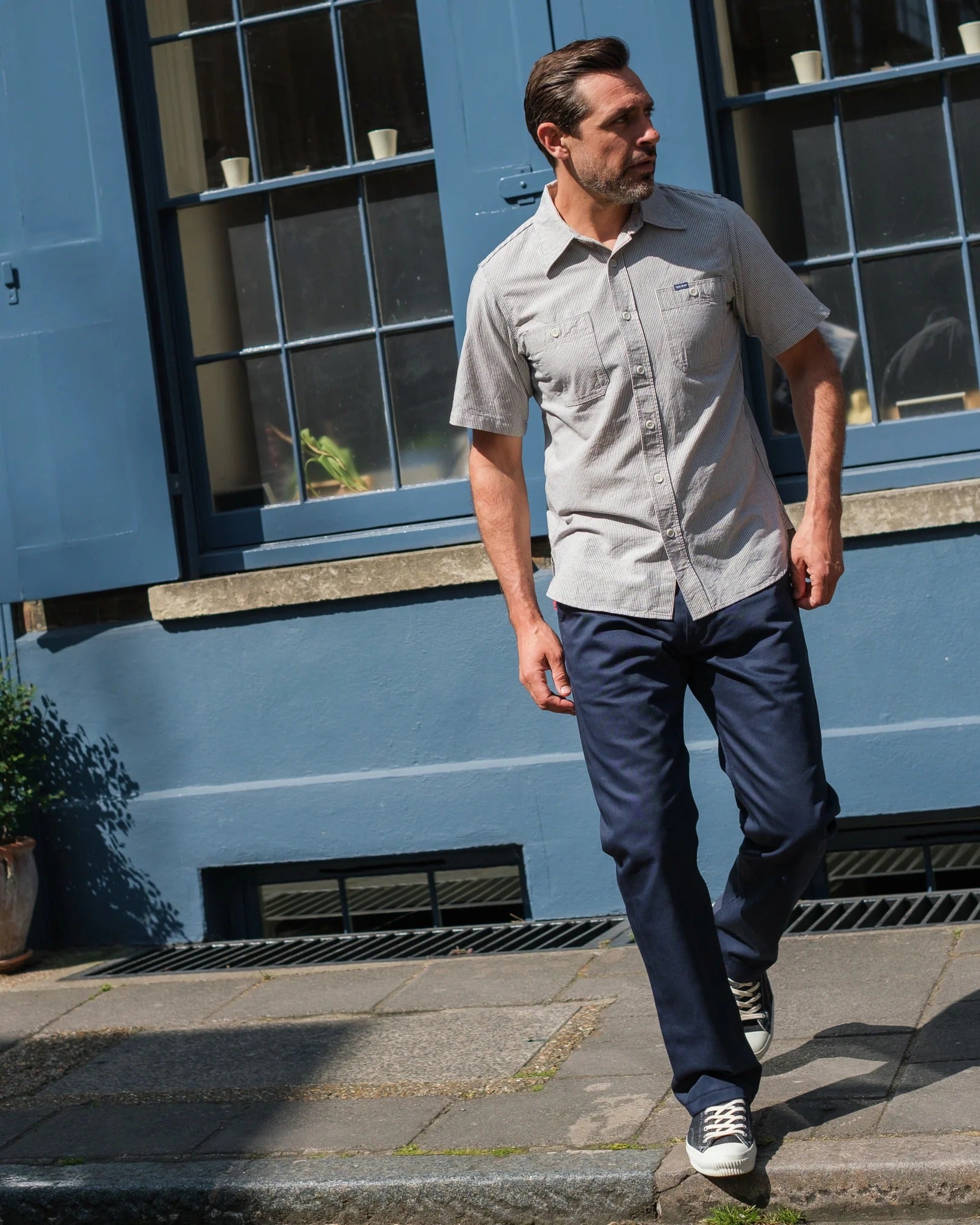 IHSH-420 5oz Selvedge Ox Cloth Short Sleeved Work Shirt - HICKORY STRIPE