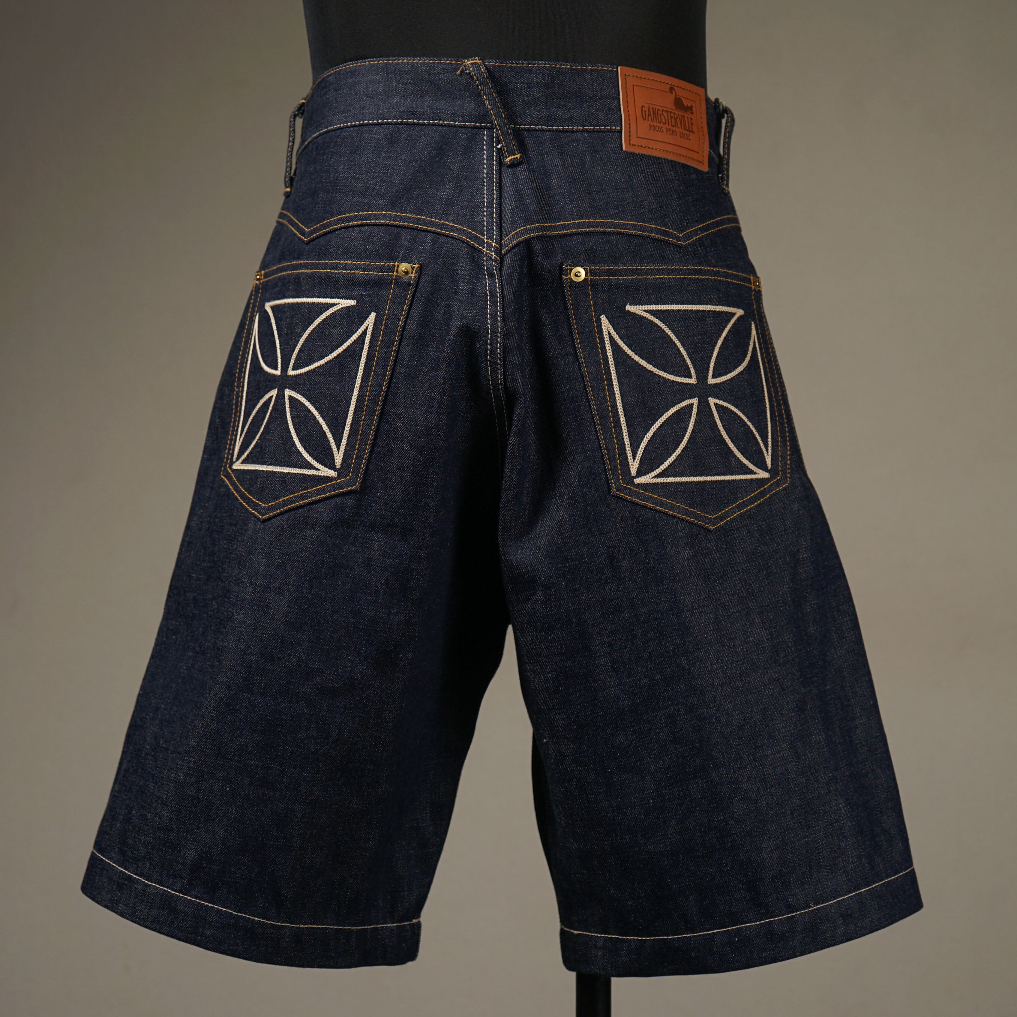THUG - DENIM SHORTS IRON CROSS - INDIGOxIVORY