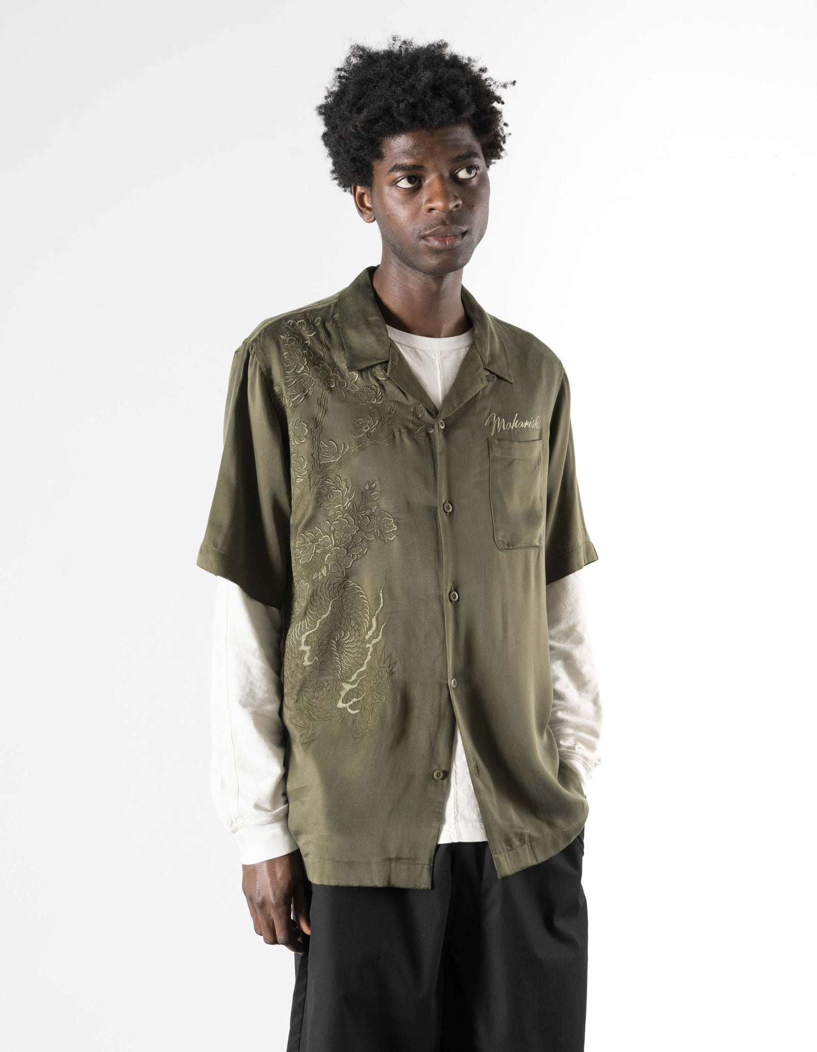 7364 Sakura Dragon Camp Collar Shirt - OLIVE OG-107F