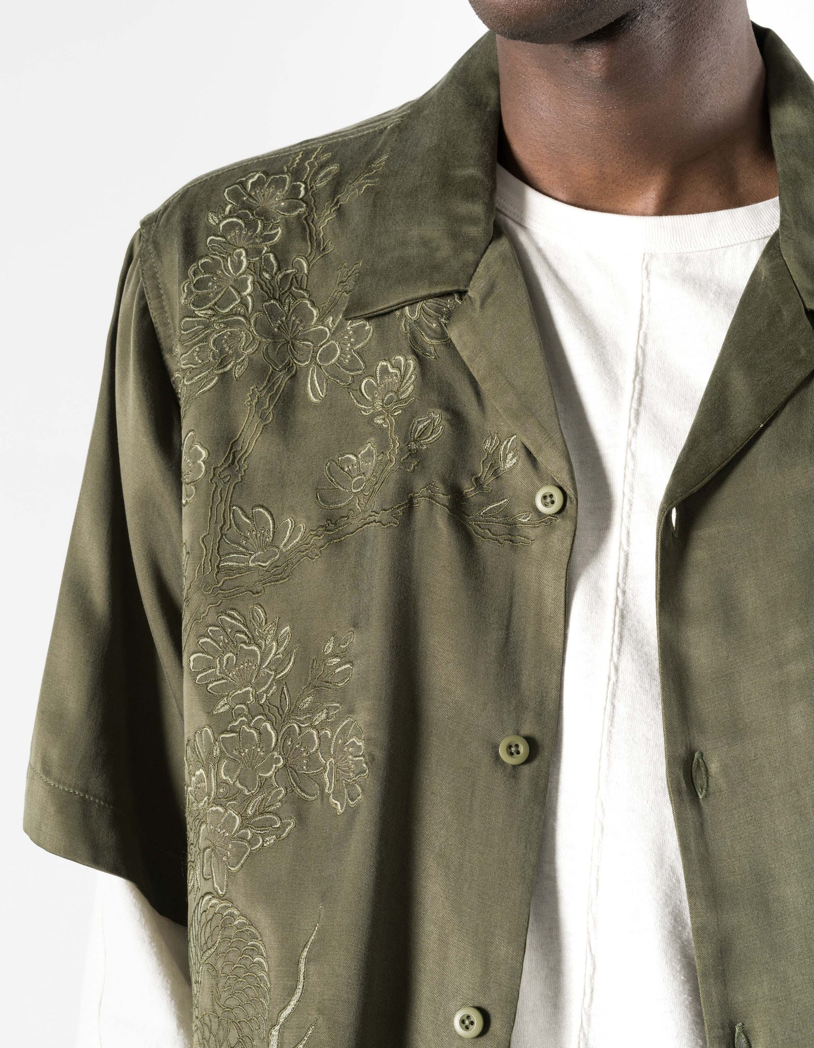 7364 Sakura Dragon Camp Collar Shirt - OLIVE OG-107F
