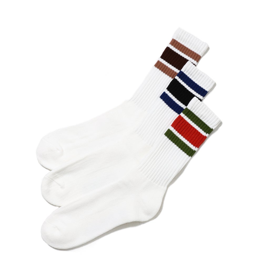 Ribbed Line Socks Crew Length 3-Pair Set-D - MULTI COLOR