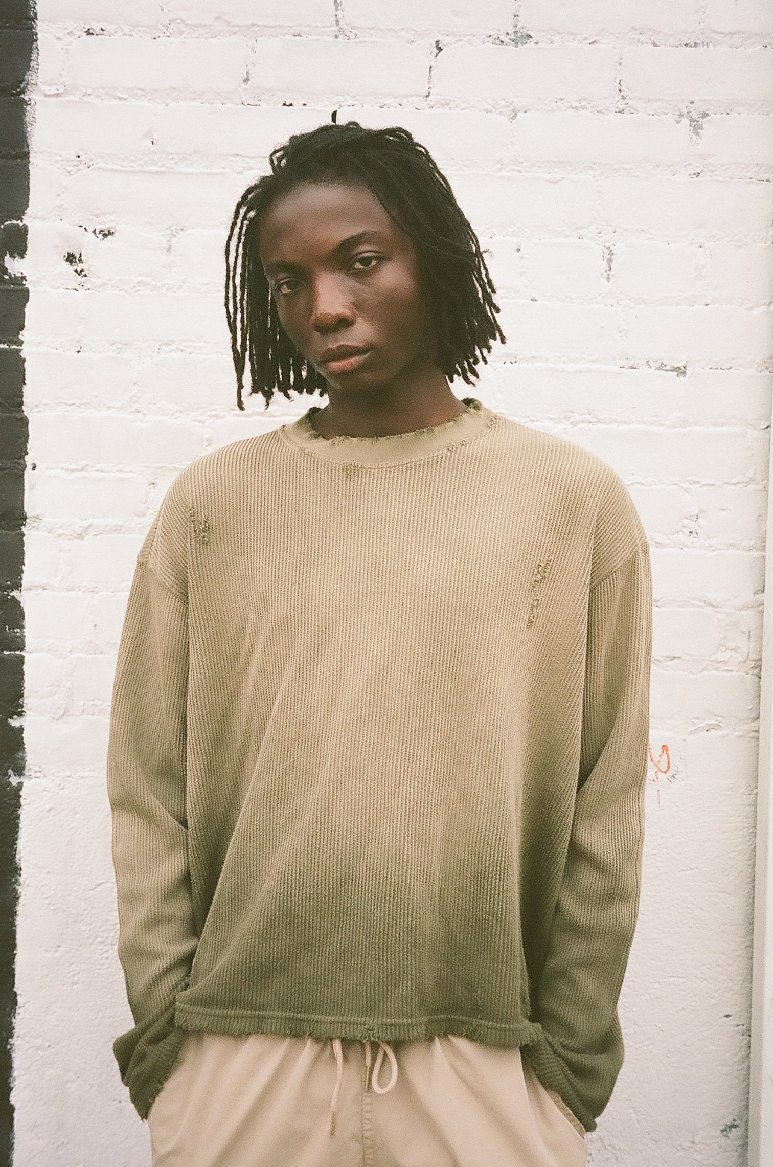 OVERSIZED CROP WAFFLE KNIT - AGED MILITARY GREEN