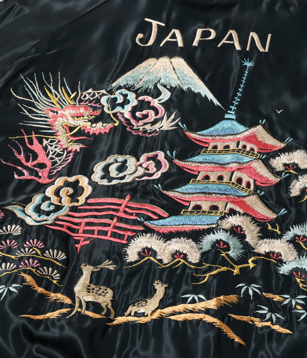 TT15791-159 Early 1950s Style Acetate Quilted Souvenir Jacket “WHITE TIGER” × “LANDSCAPE” - BLACK/ORANGE