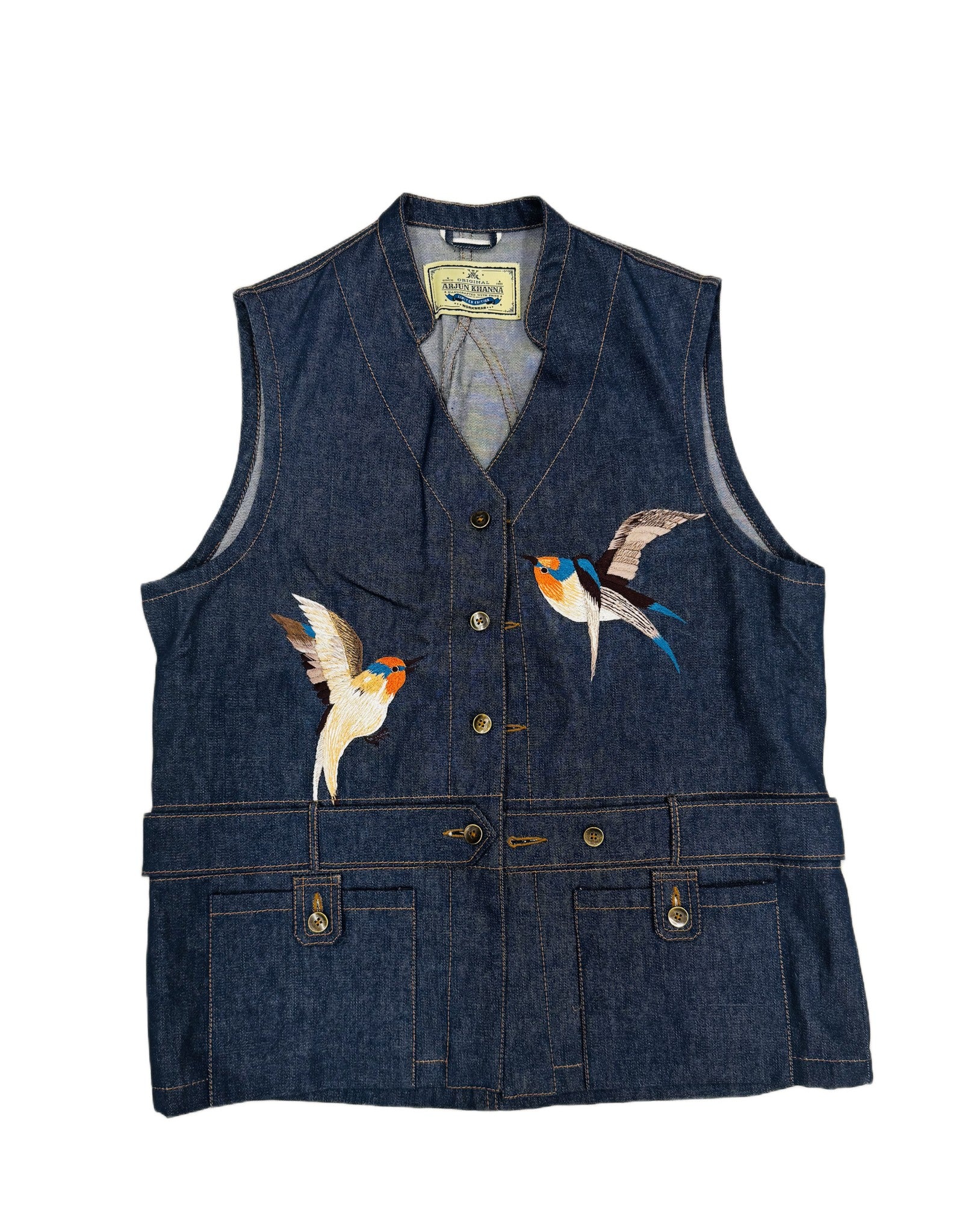 AK/PR/LOT2/VEST/016 2 patch-pocket denim workwear vest with swallow embroidered motifs and pleated back - INDIGO