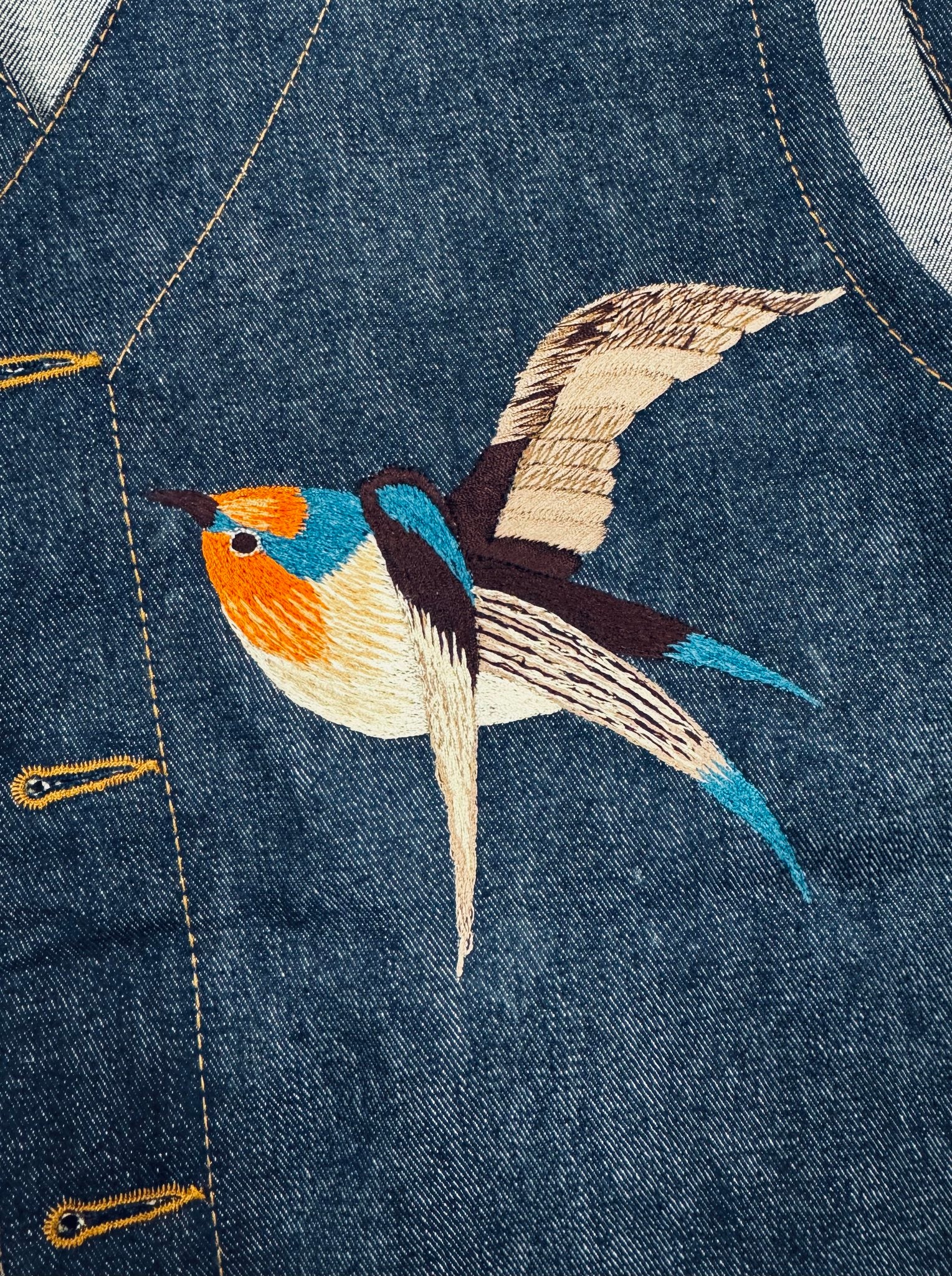 AK/PR/LOT2/VEST/016 2 patch-pocket denim workwear vest with swallow embroidered motifs and pleated back - INDIGO