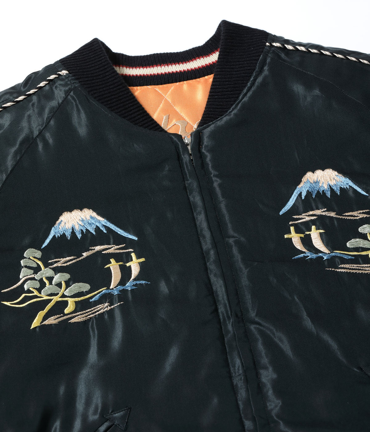 TT15791-159 Early 1950s Style Acetate Quilted Souvenir Jacket “WHITE TIGER” × “LANDSCAPE” - BLACK/ORANGE