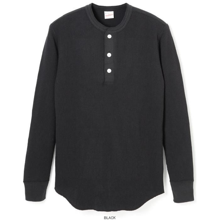 OPEN-END WAFFLE HENLEY NECK LONG-SLEEVE T-SHIRT - BLACK
