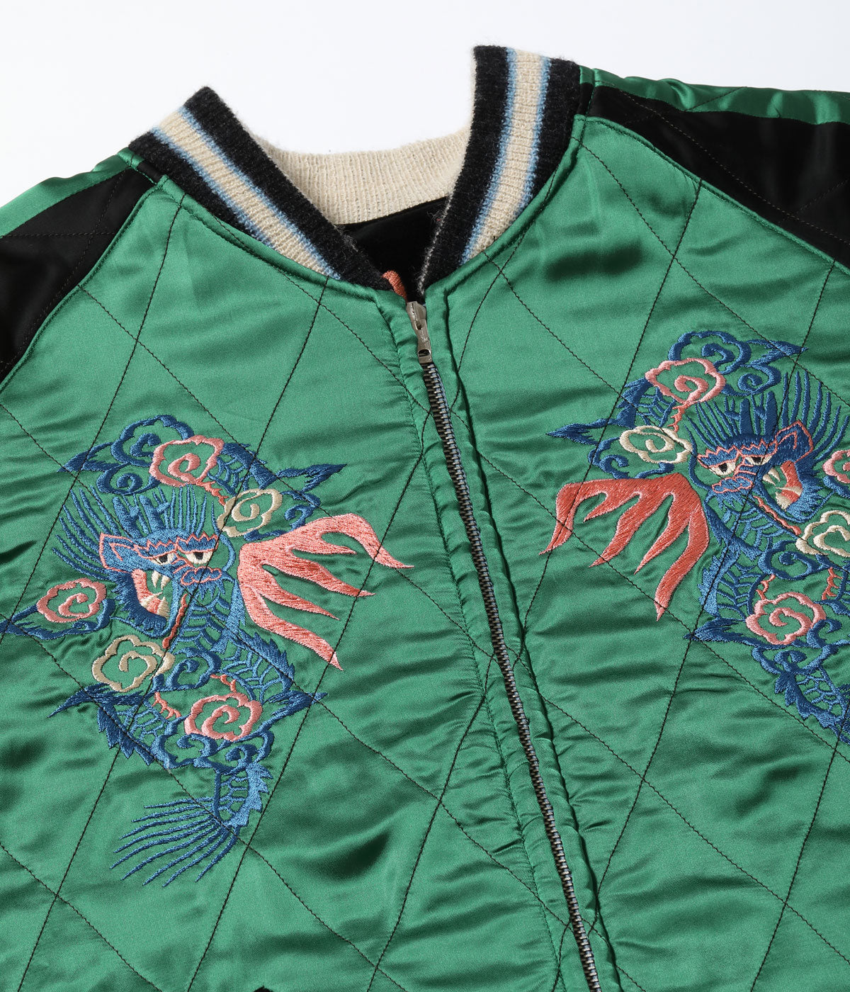TT15809-119 Mid 1950s Style Velveteen × Acetate Quilted Souvenir Jacket “Stencil Paint” TOYO ENTERPRISE 60th Anniversary Special Edition “TIGER HEAD” × “EAGLE” - BLACK/GREEN
