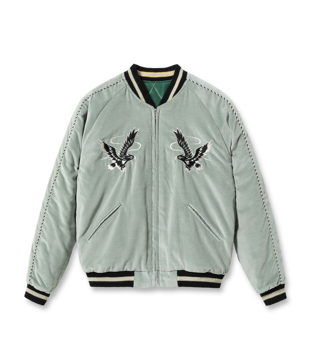 TT15544-141 MID 1950S STYLE VELVETEEN SOUVENIR JACKET BLACK EAGLE ? JAPAN MAP - MINT GREEN/GREEN