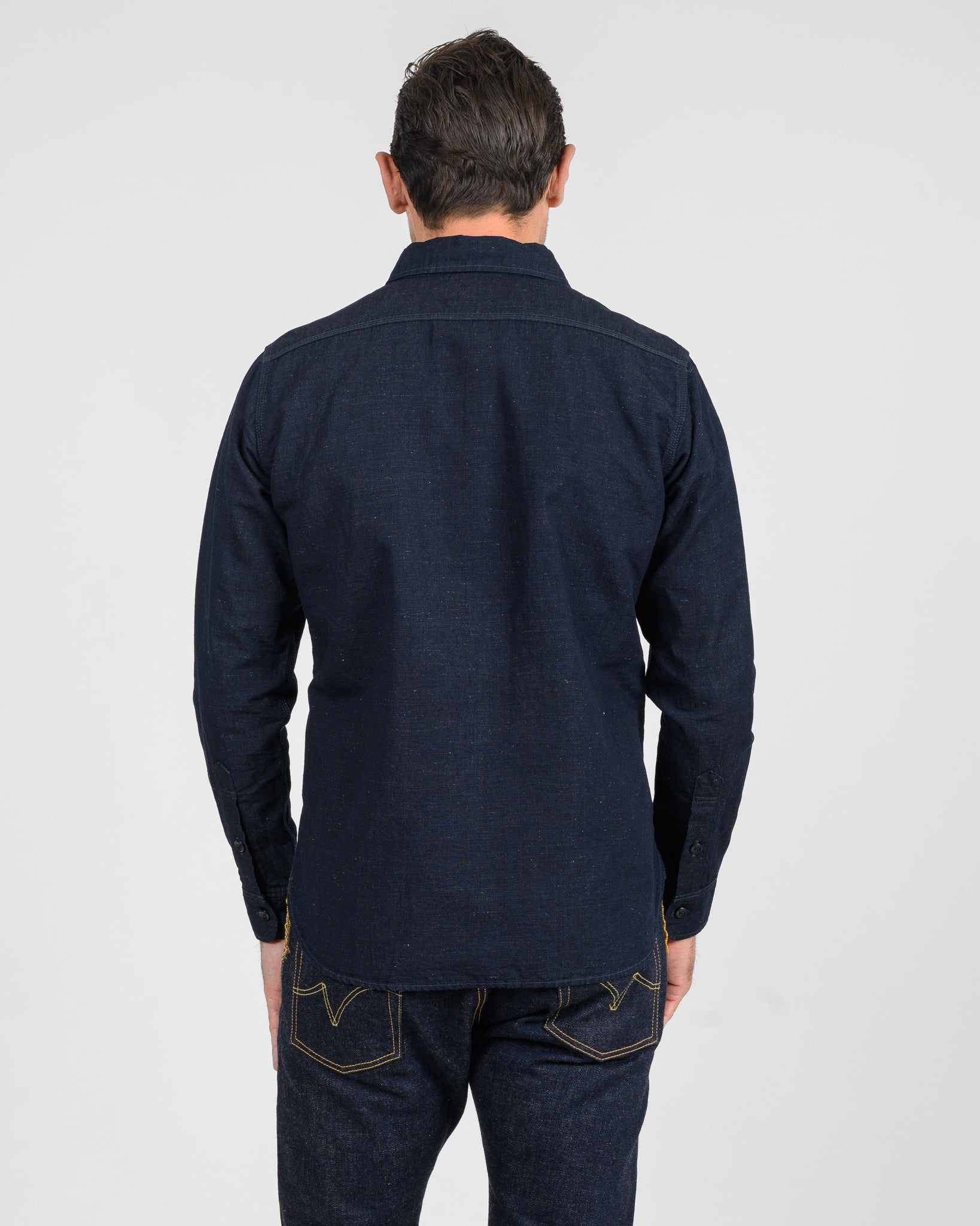 IHSH-443-IND 7oz COTTON LINEN CHAMBRAY WORK SHIRT - INDIGO