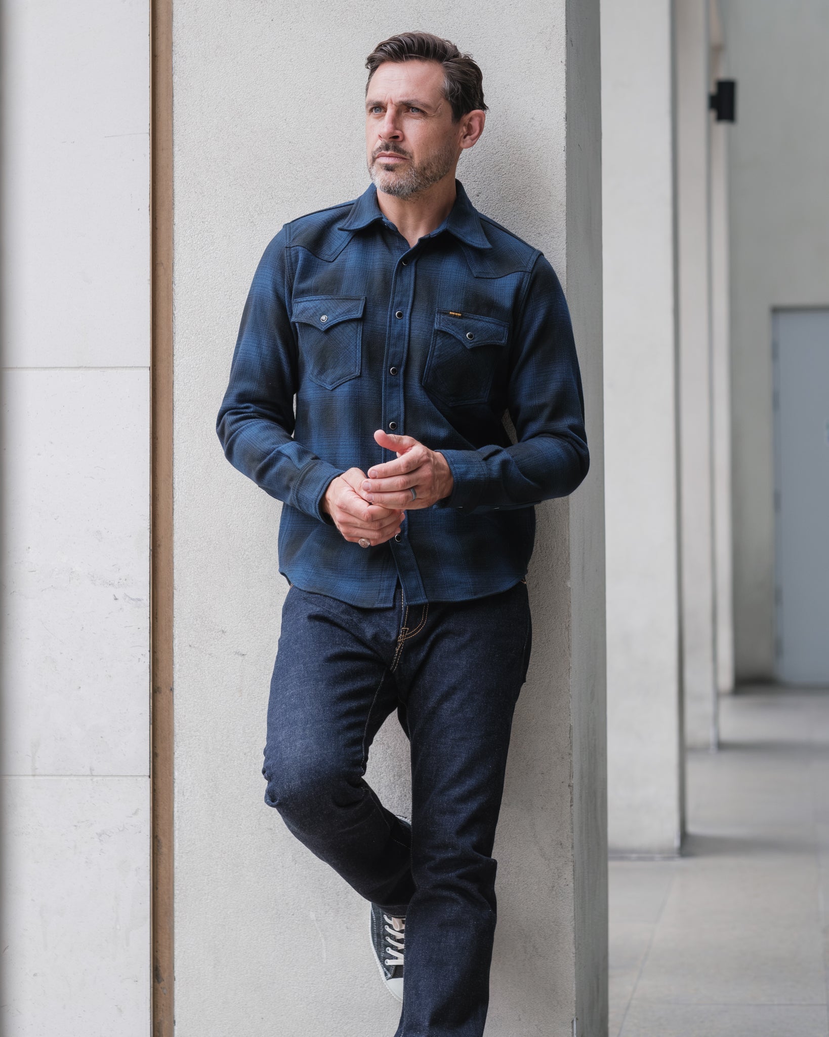 IHSH-264-NAV Ultra Heavy Flannel Ombré Check Western Shirt - NAVY/BLACK
