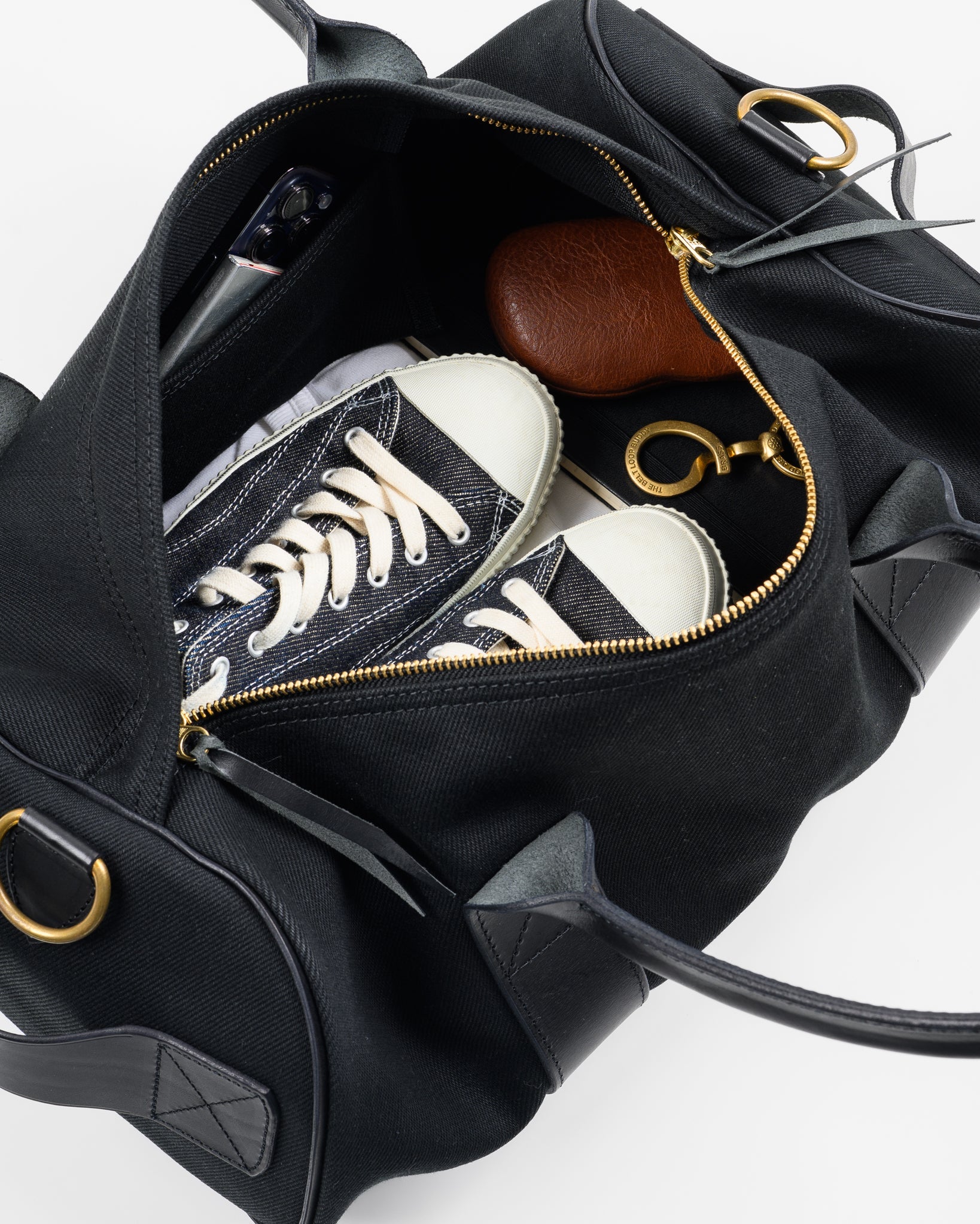 IHE-24-BLK 21oz Denim and Buttero Leather Holdall - BLACK