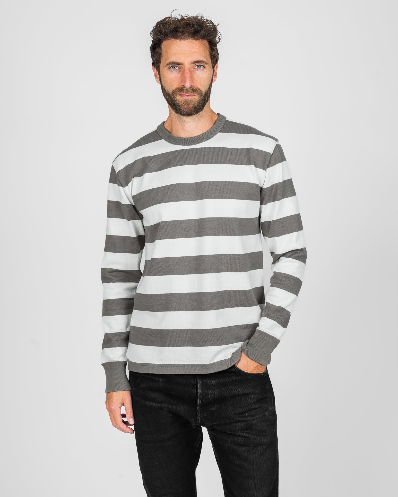 IHTB-01-GRY-WHT 11OZ COTTON KNIT LONG-SLEEVED SWEATER - GREY/WHITE