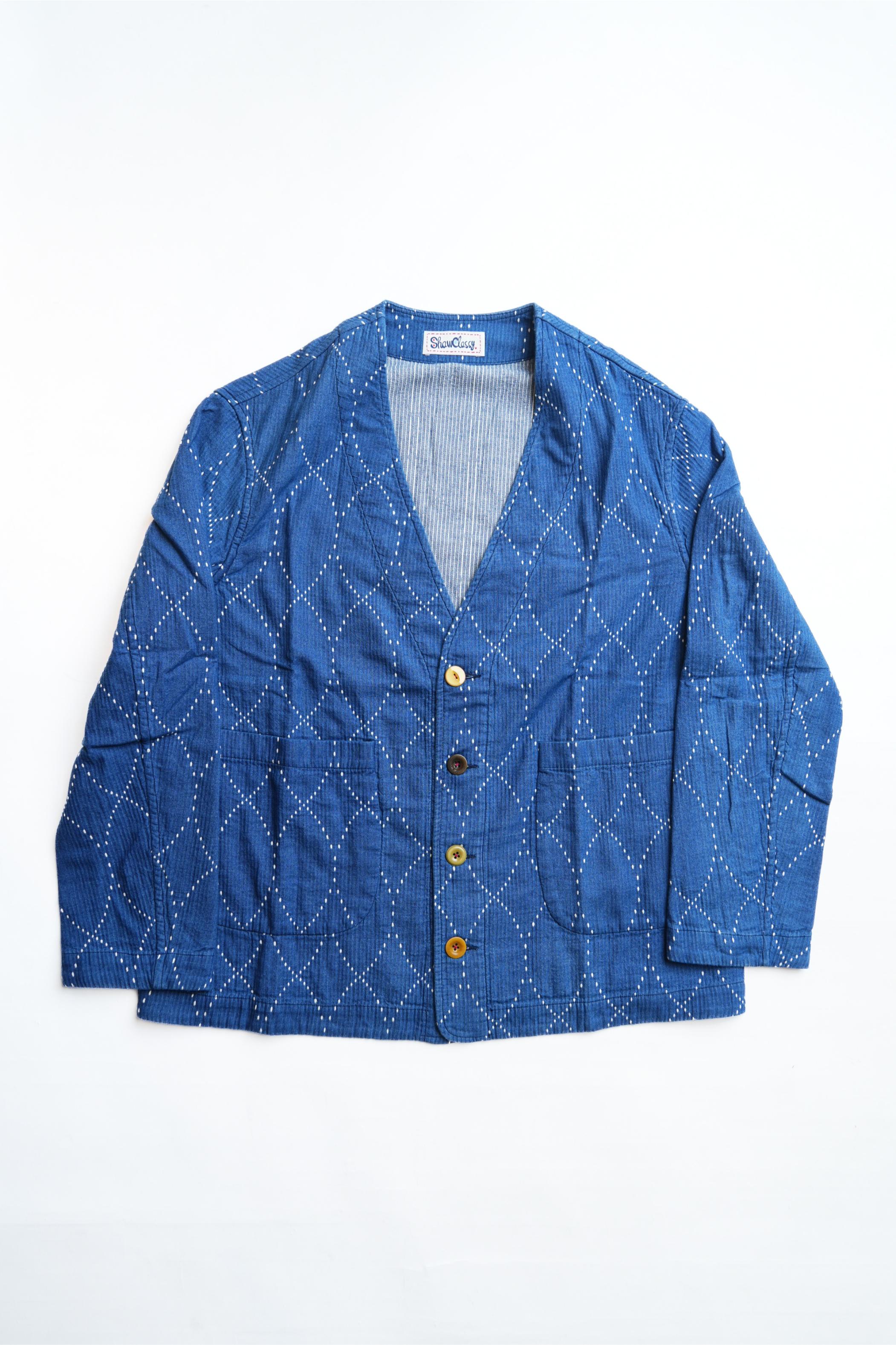 Geometric Sashiko Casual Cardigan Jacket - INDIGO