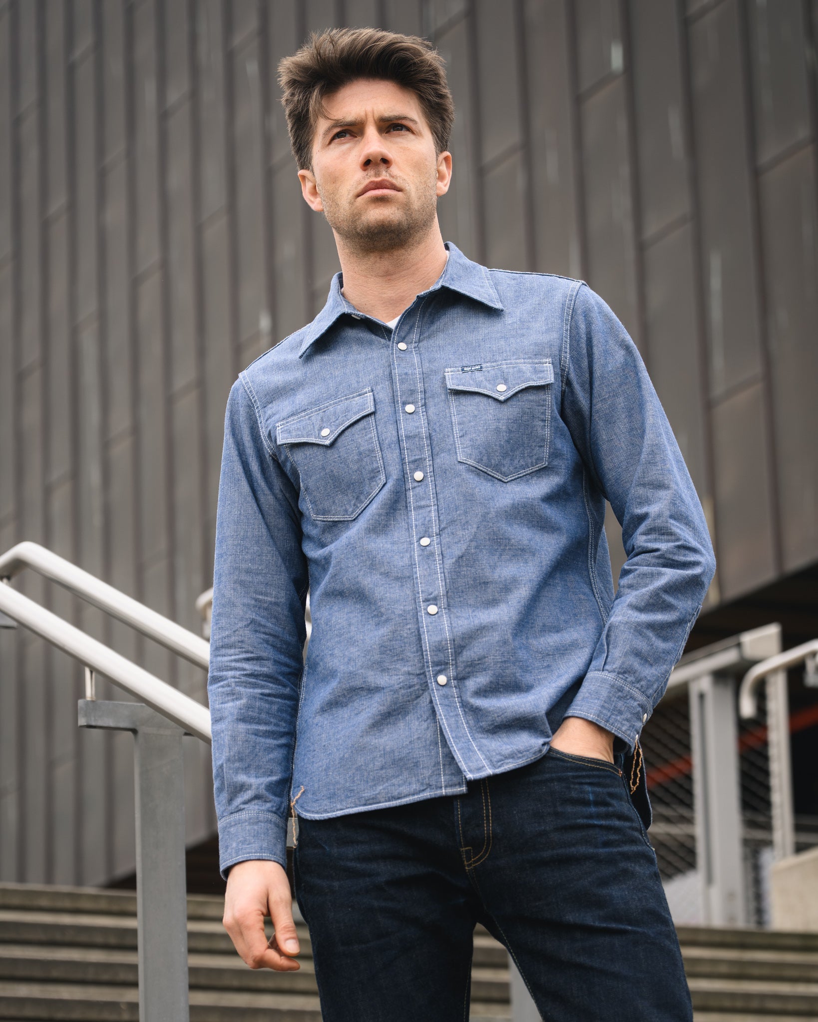 IHSH-13-BLU 10oz Selvedge Chambray Single Yoke Western Shirt - BLUE
