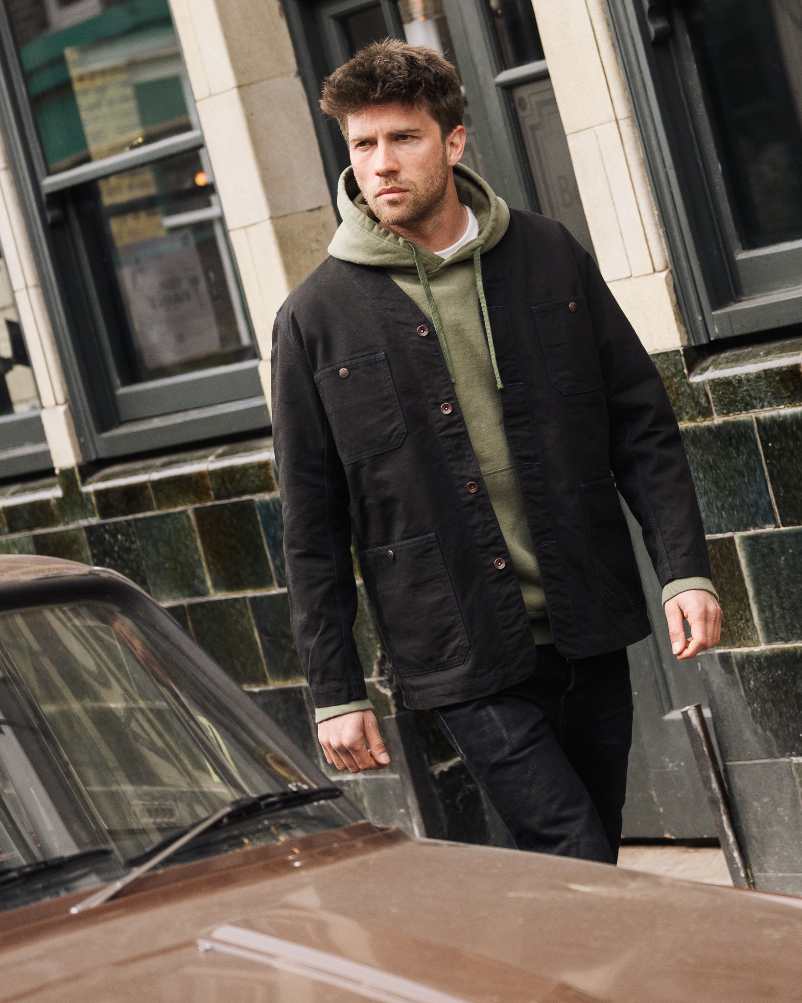 IHJ-159-BLK 13.5oz DUCK COLLARLESS CHORE JACKET - BLACK